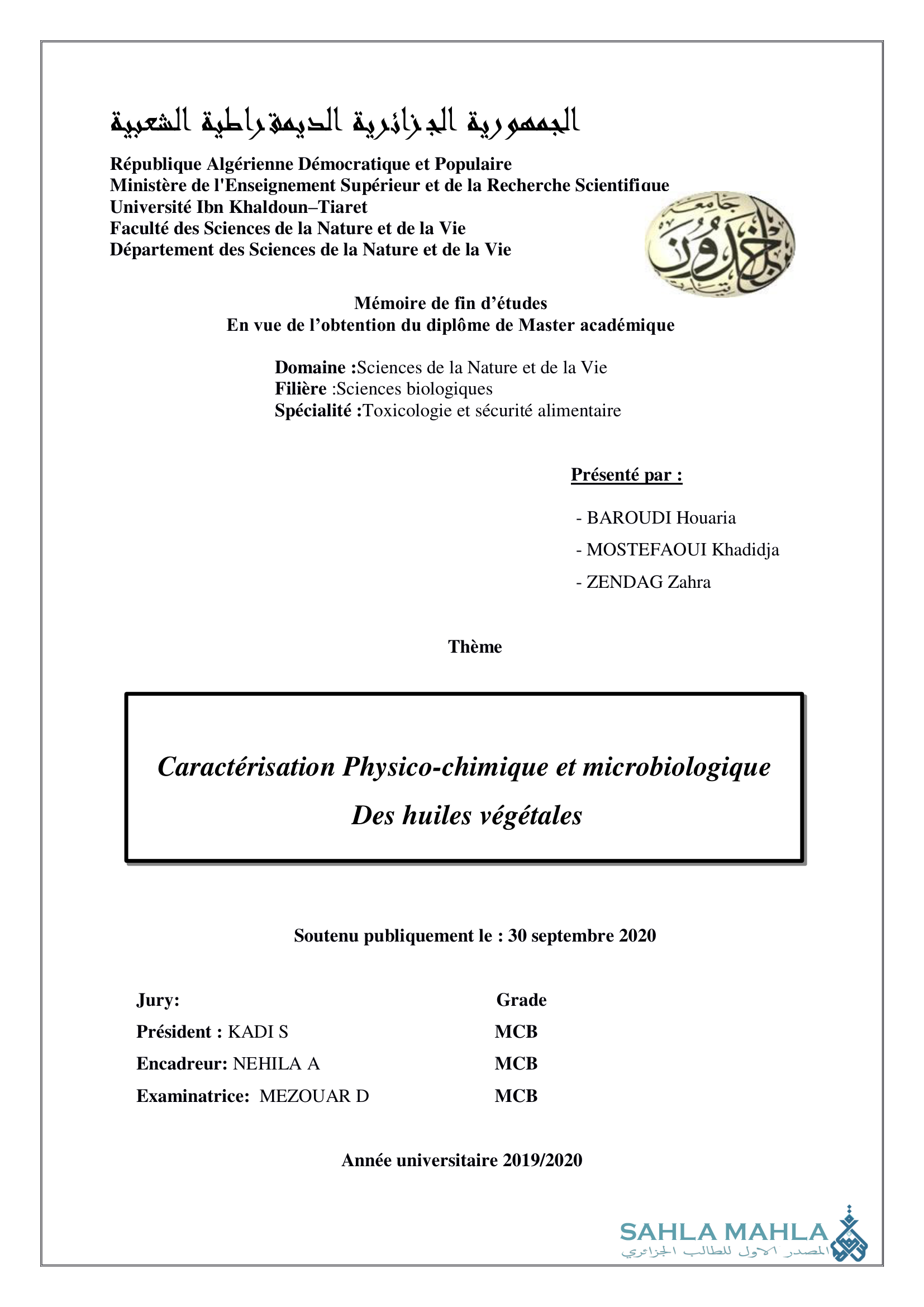 Caractérisation Physico-chimique et microbiologique Des huiles végétales
