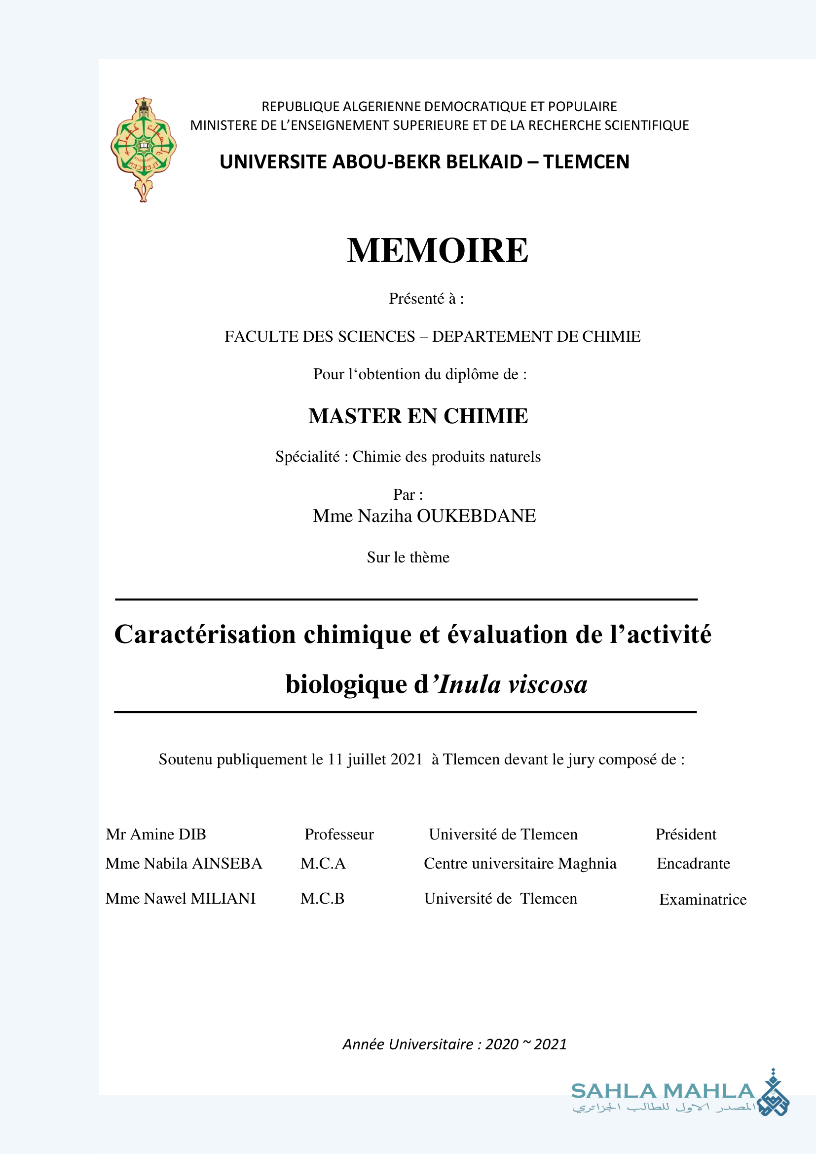 Caractérisation chimique et évaluation de l'activité biologique d'Inula viscosa