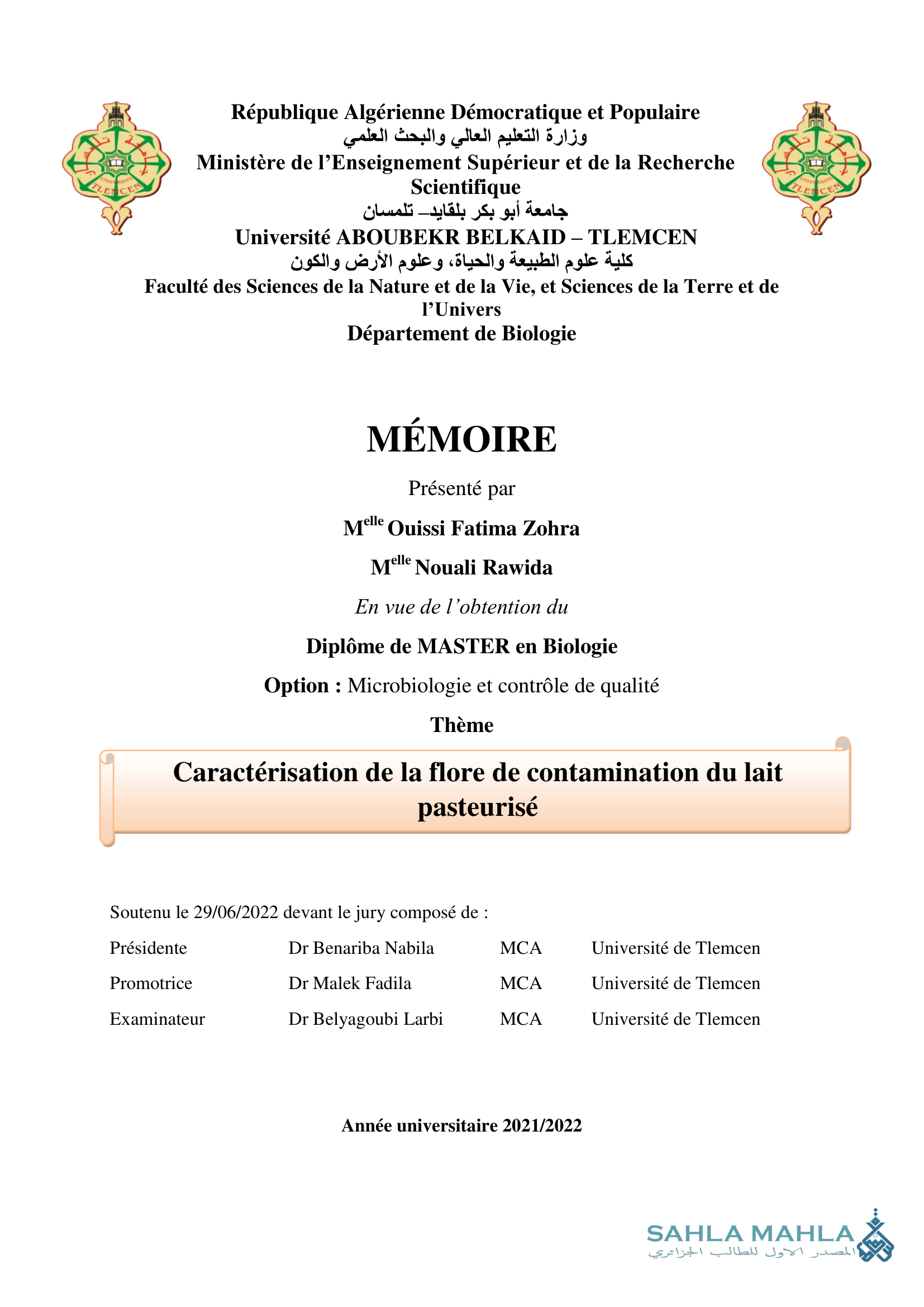 Caractérisation de la flore de contamination du lait pasteurisé