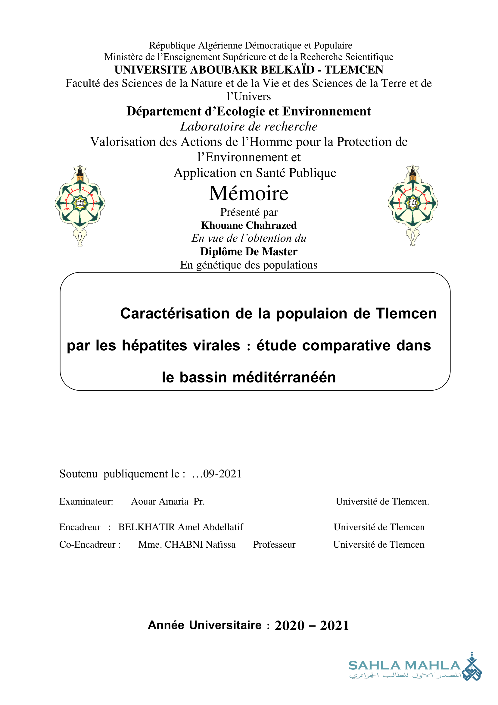 Caractérisation de la populaion de Tlemcen par les hépatites virales étude comparative dans le bassin méditérranéén