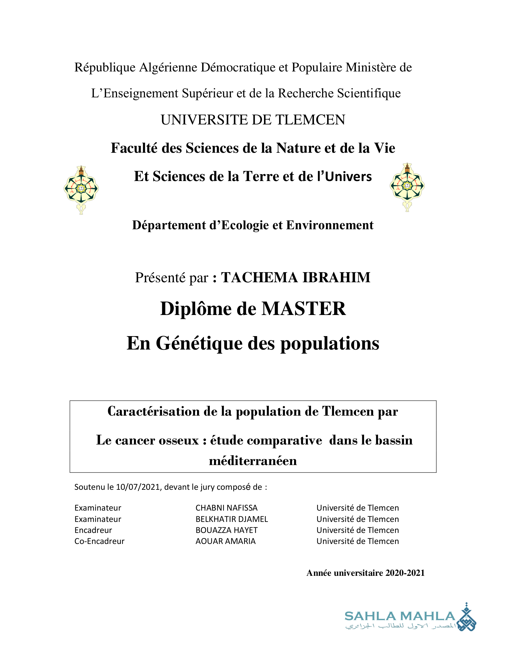 Caractérisation de la population de Tlemcen par Le cancer osseux : étude comparative dans le bassin méditerranéen
