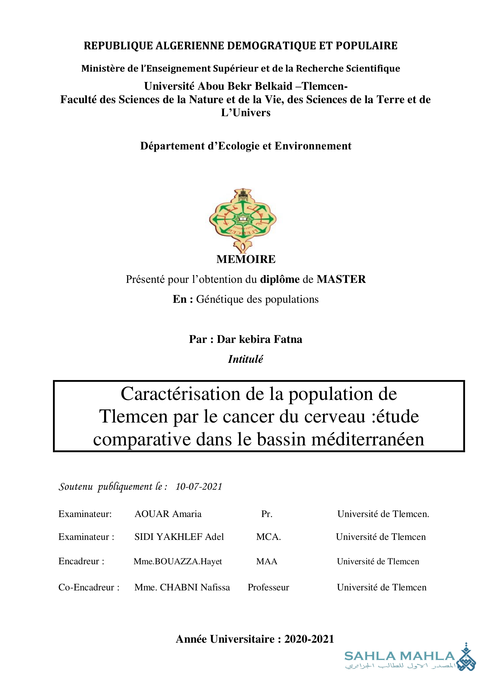 Caractérisation de la population de Tlemcen par le cancer du cerveau :étude comparative dans le bassin méditerranéen