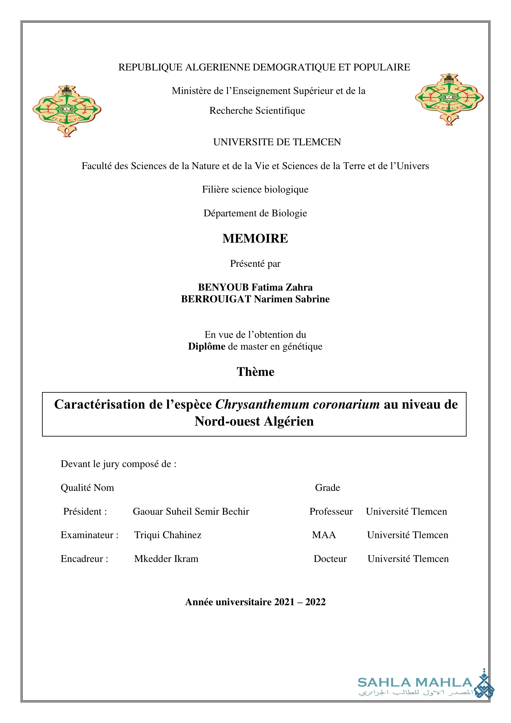 Caractérisation de l'espèce Chrysanthemum coronarium au niveau de Nord-ouest Algérien