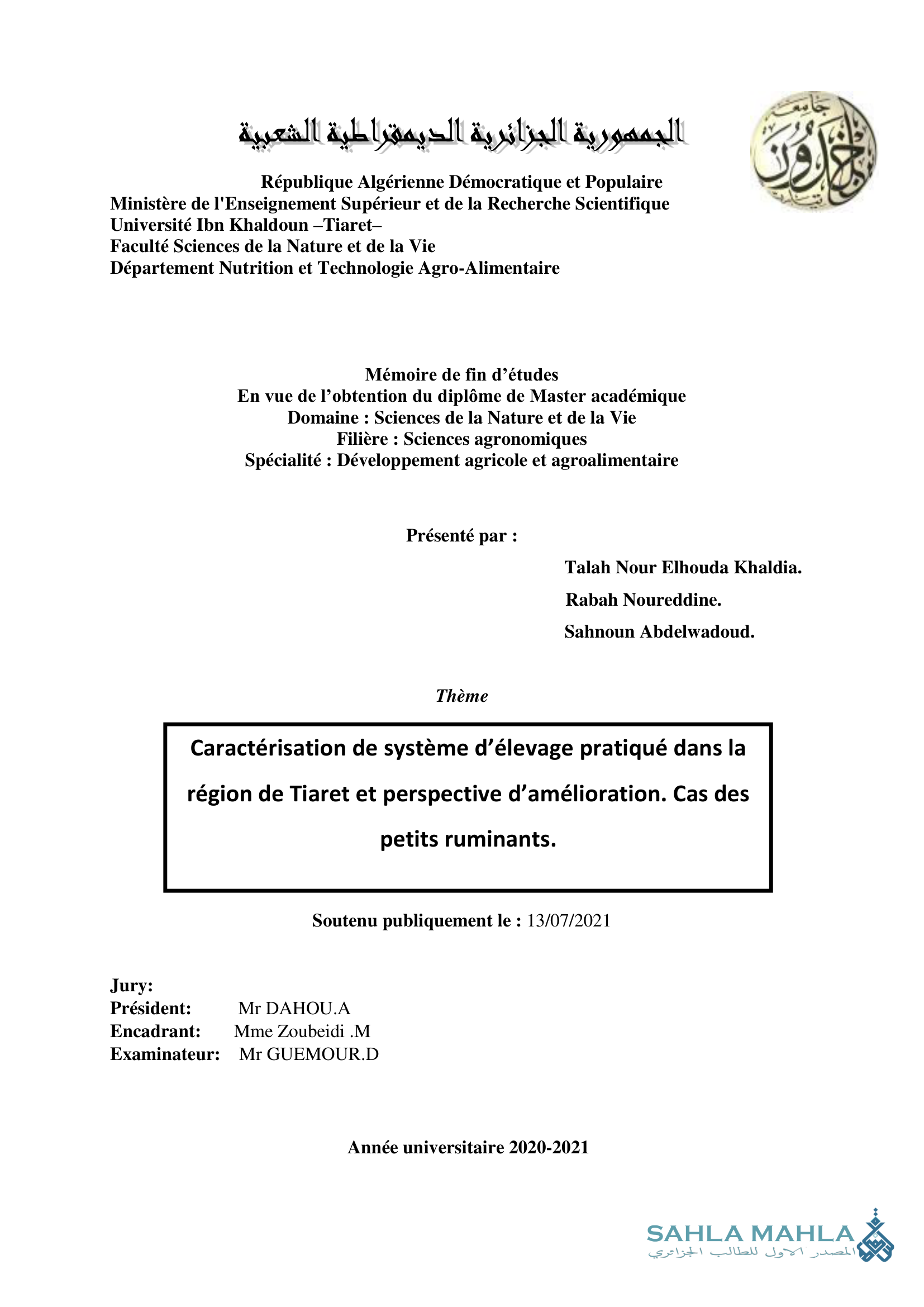 Caractérisation de système d'élevage pratiqué dans la région de Tiaret et perspective d'amélioration. Cas des petits ruminants.