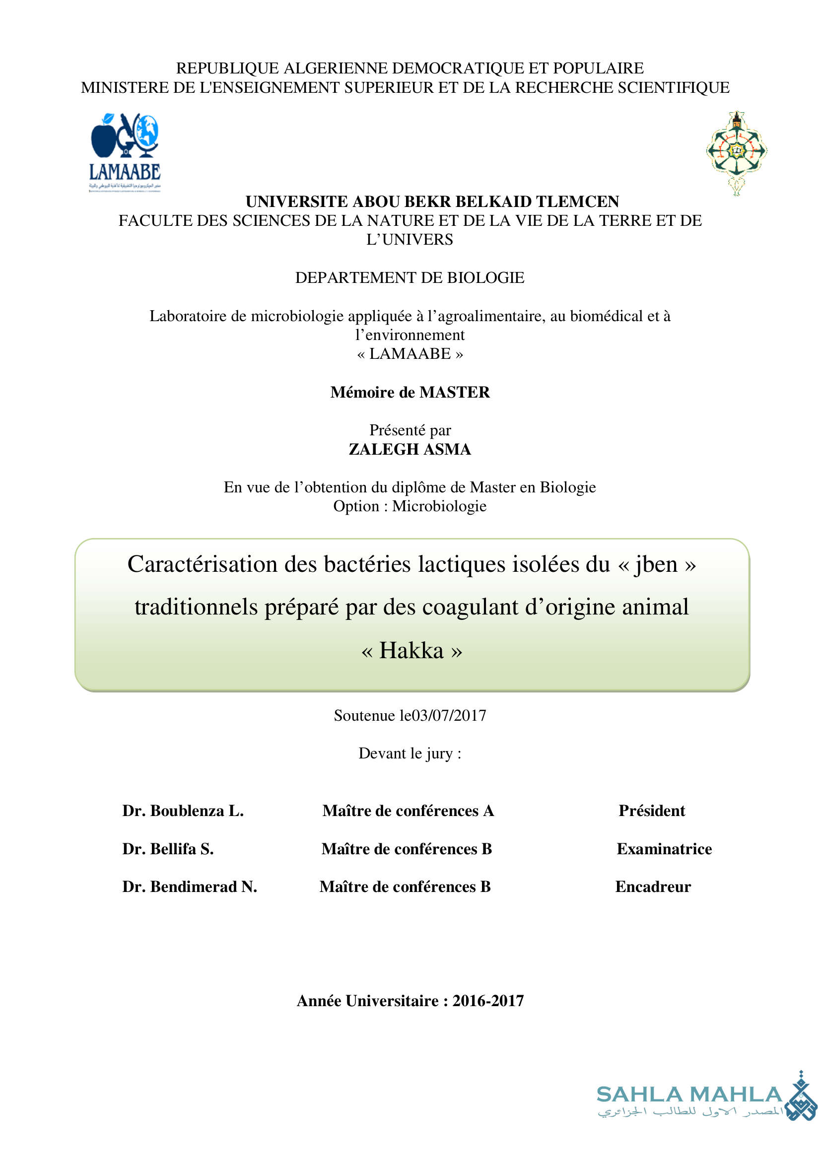 Caractérisation des bactéries lactiques isolées du « jben » traditionnels préparé par des coagulant d'origine animal « Hakka »