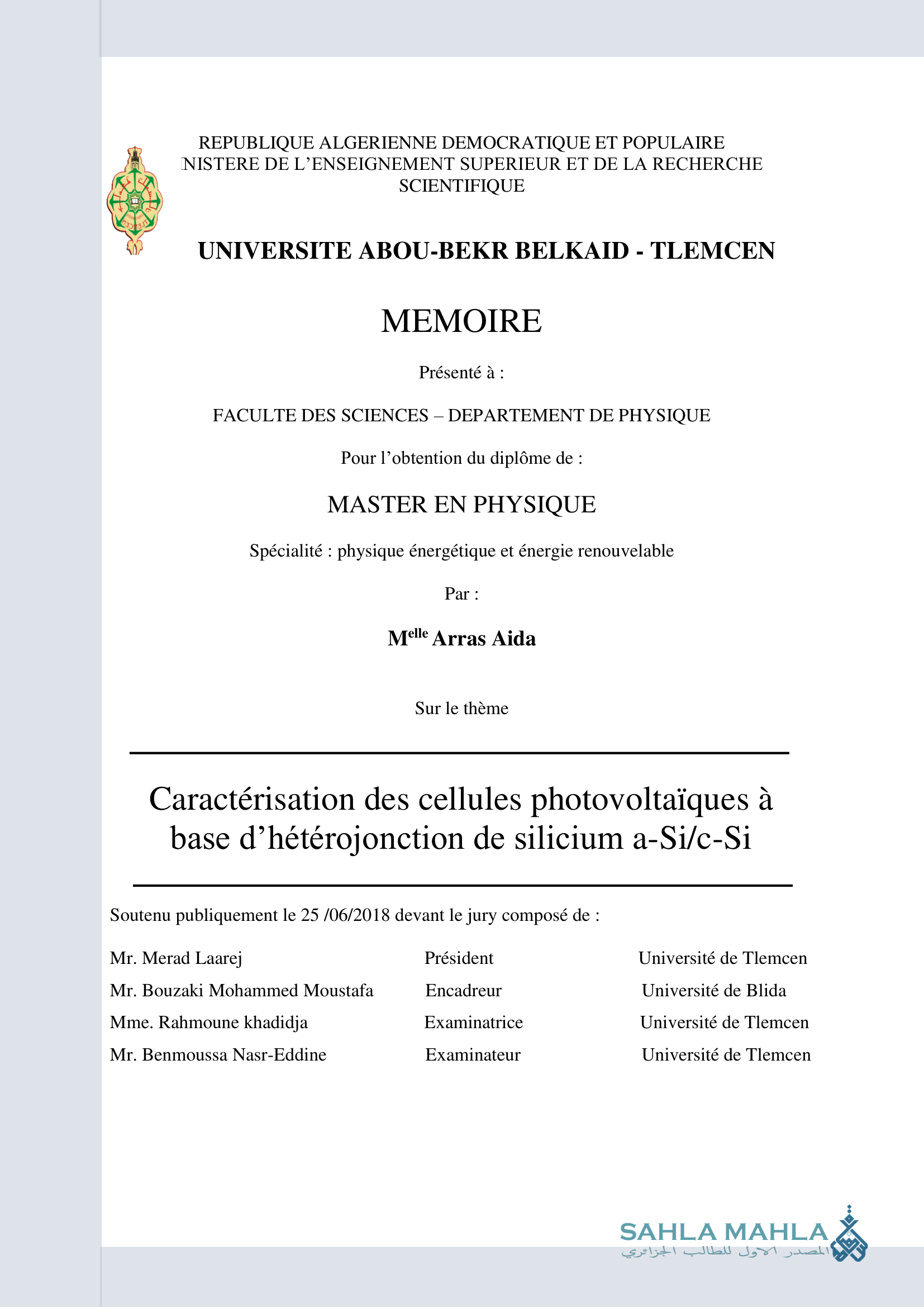 Caractérisation des cellules photovoltaïques à base d'hétérojonction de silicium a-Si/c-Si