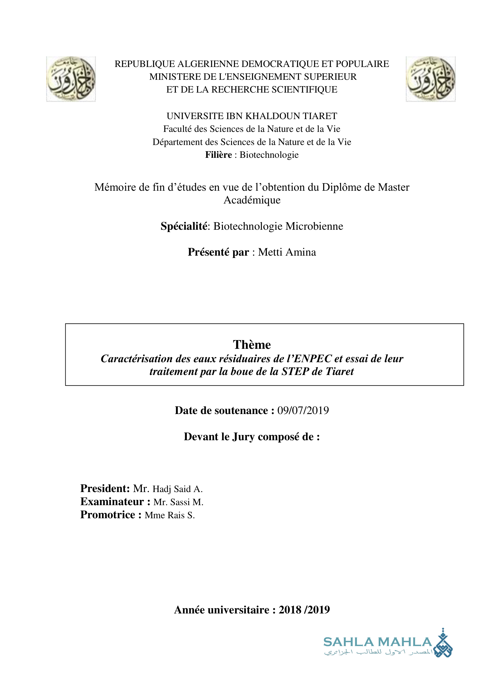 Caractérisation des eaux résiduaires de l'ENPEC et essai de leur traitement par la boue de la STEP de Tiaret