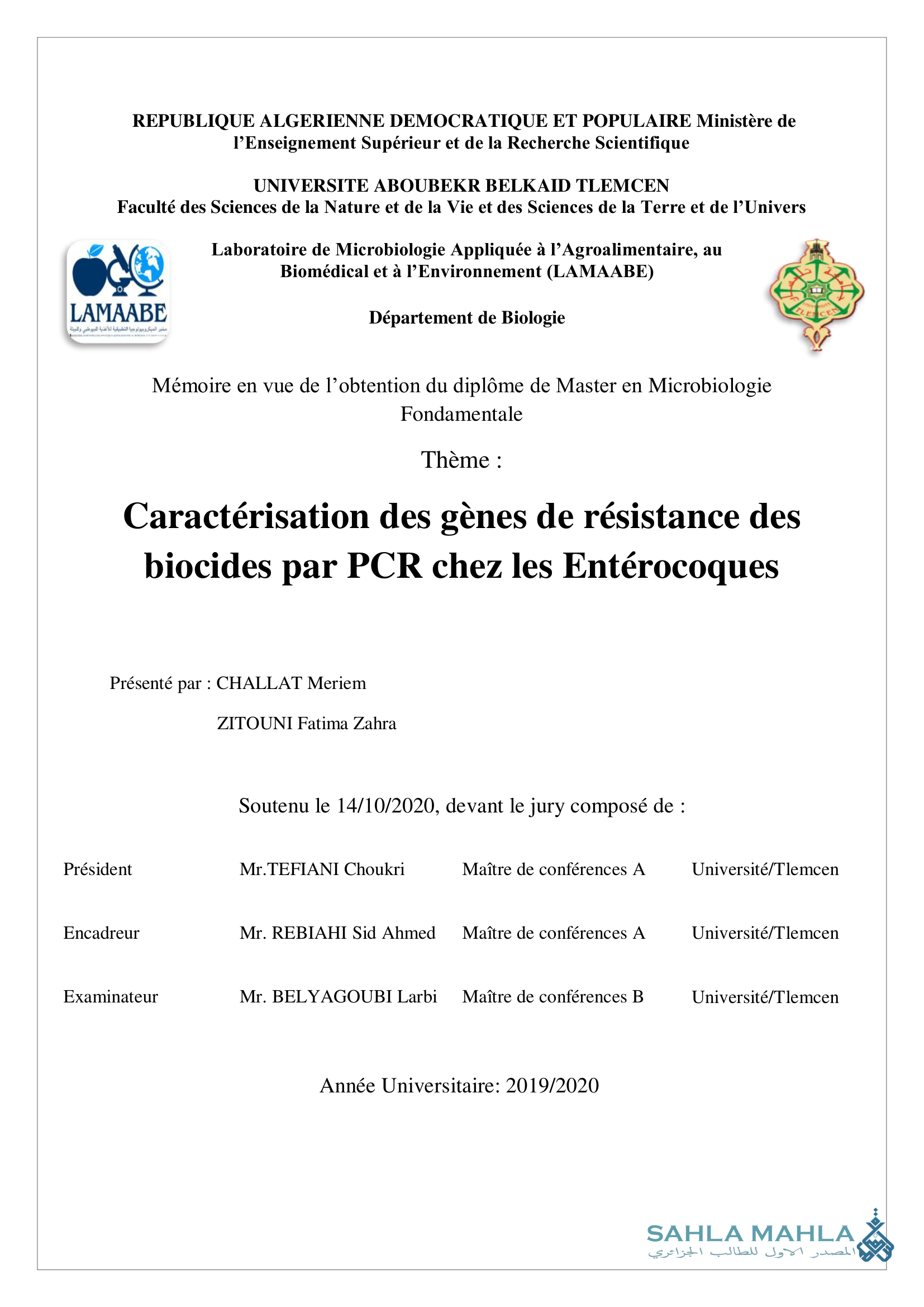 Caractérisation des gènes de résistance des biocides par PCR chez les Entérocoques
