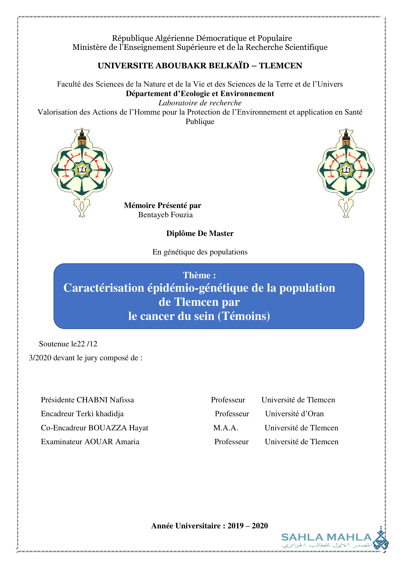 Caractérisation épidémio-génétique de la population de Tlemcen par le cancer du sein (Témoins)