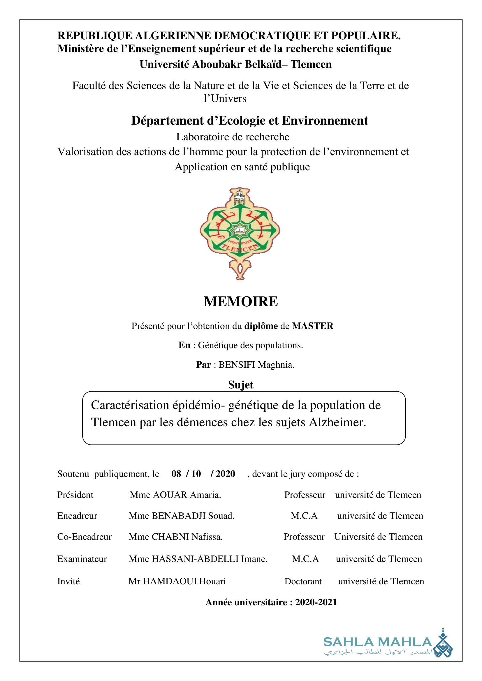 Caractérisation épidémio- génétique de la population de Tlemcen par les démences chez les sujets Alzheimer.