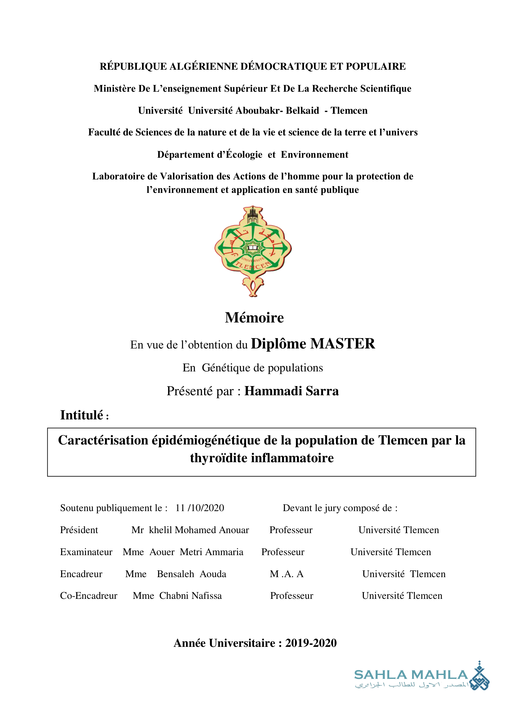 Caractérisation épidémiogénétique de la population de Tlemcen par la thyroïdite inflammatoire