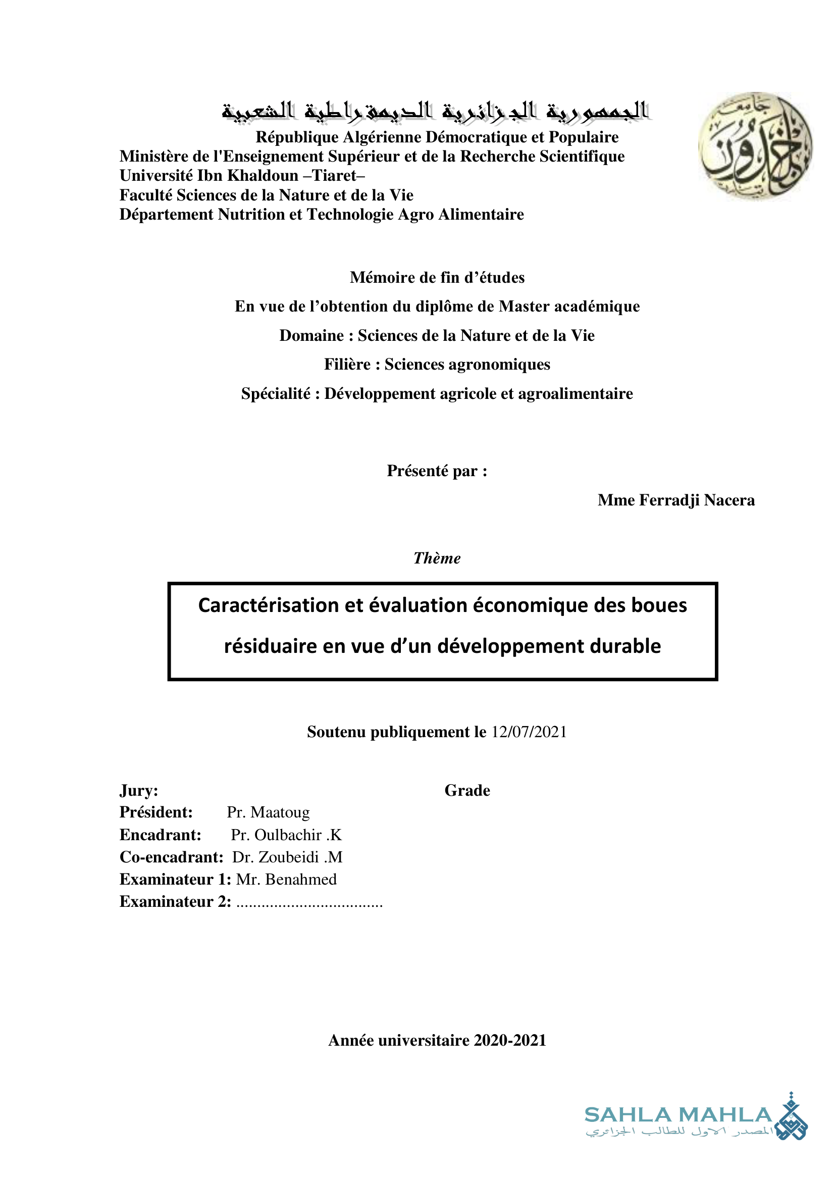 Caractérisation et évaluation économique des boues résiduaire en vue d'un développement durable