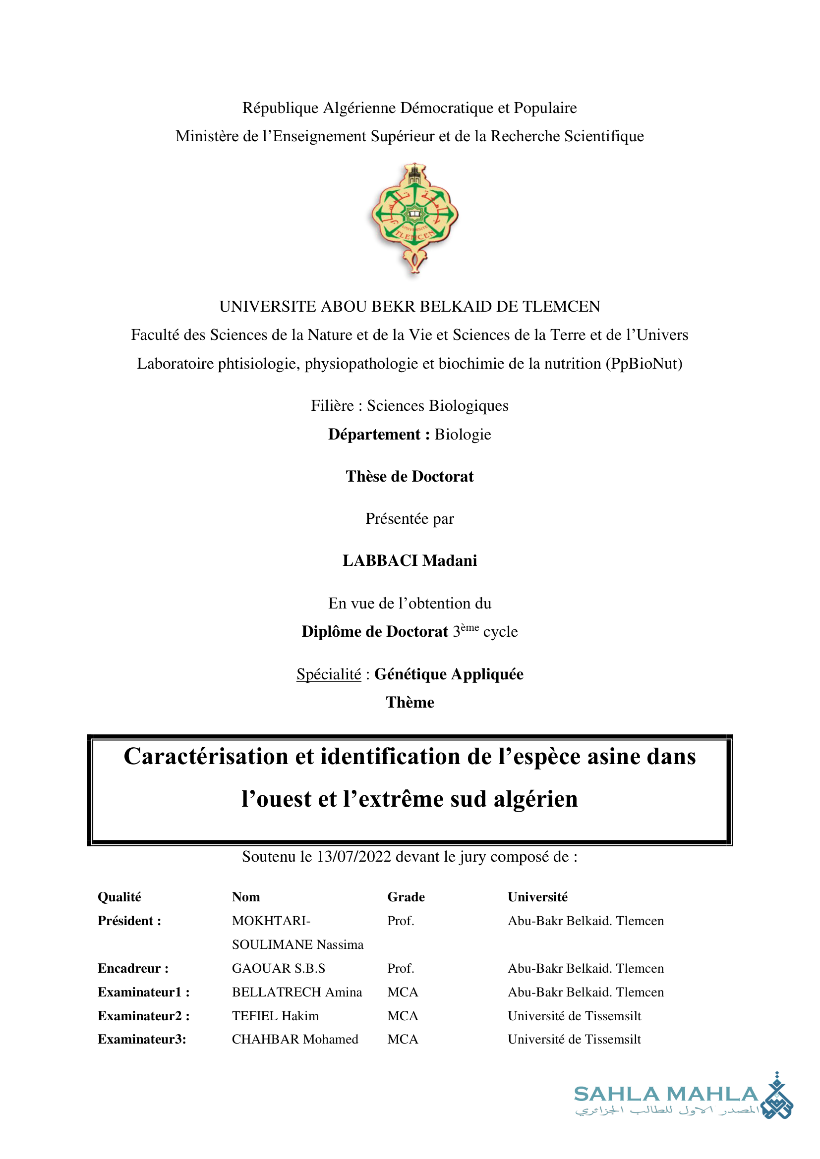 Caractérisation et identification de l'espèce asine dans l'ouest et l'extrême sud algérien
