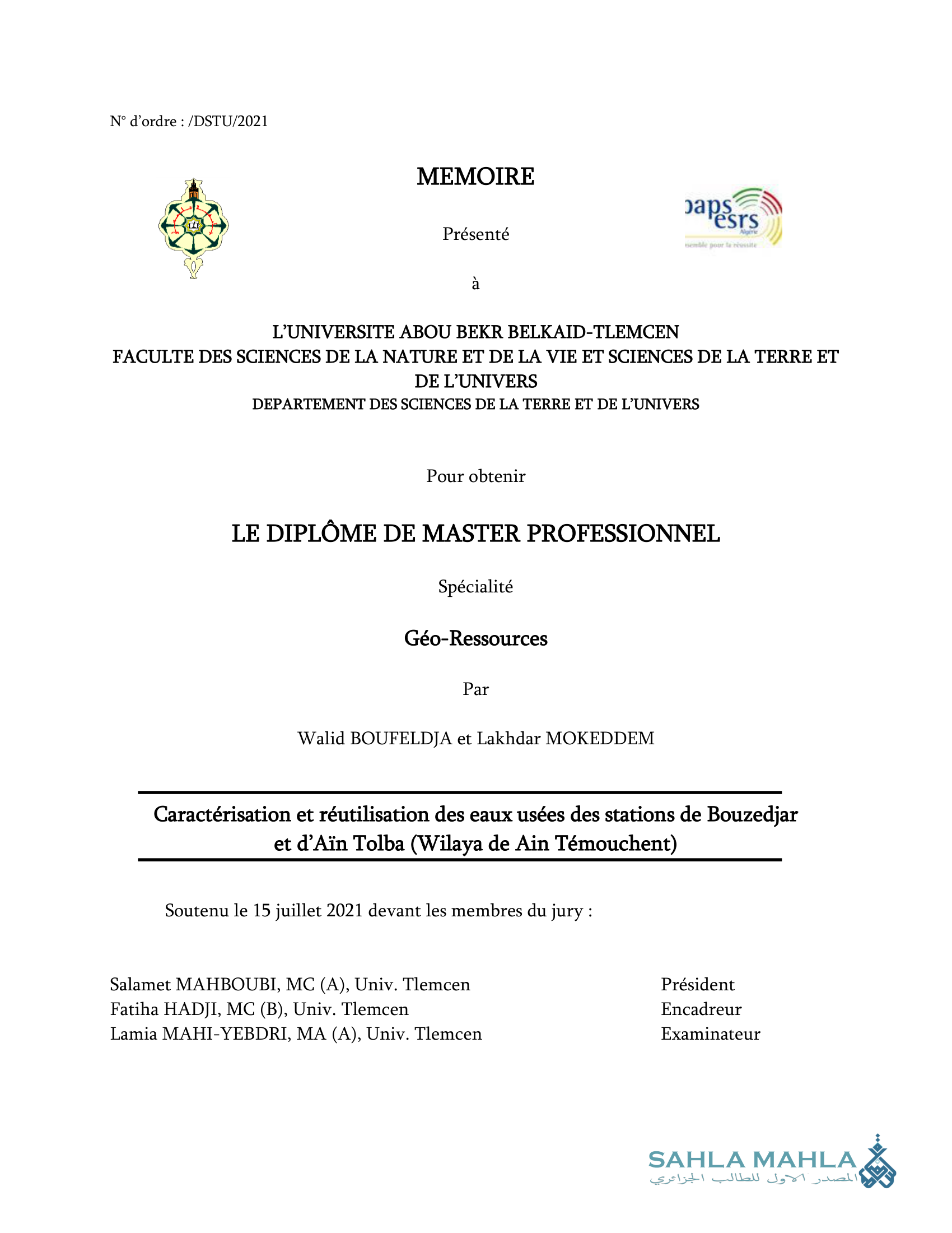 Caractérisation et réutilisation des eaux usées des stations de Bouzedjar et d'Aïn Tolba (Wilaya de Ain Témouchent)