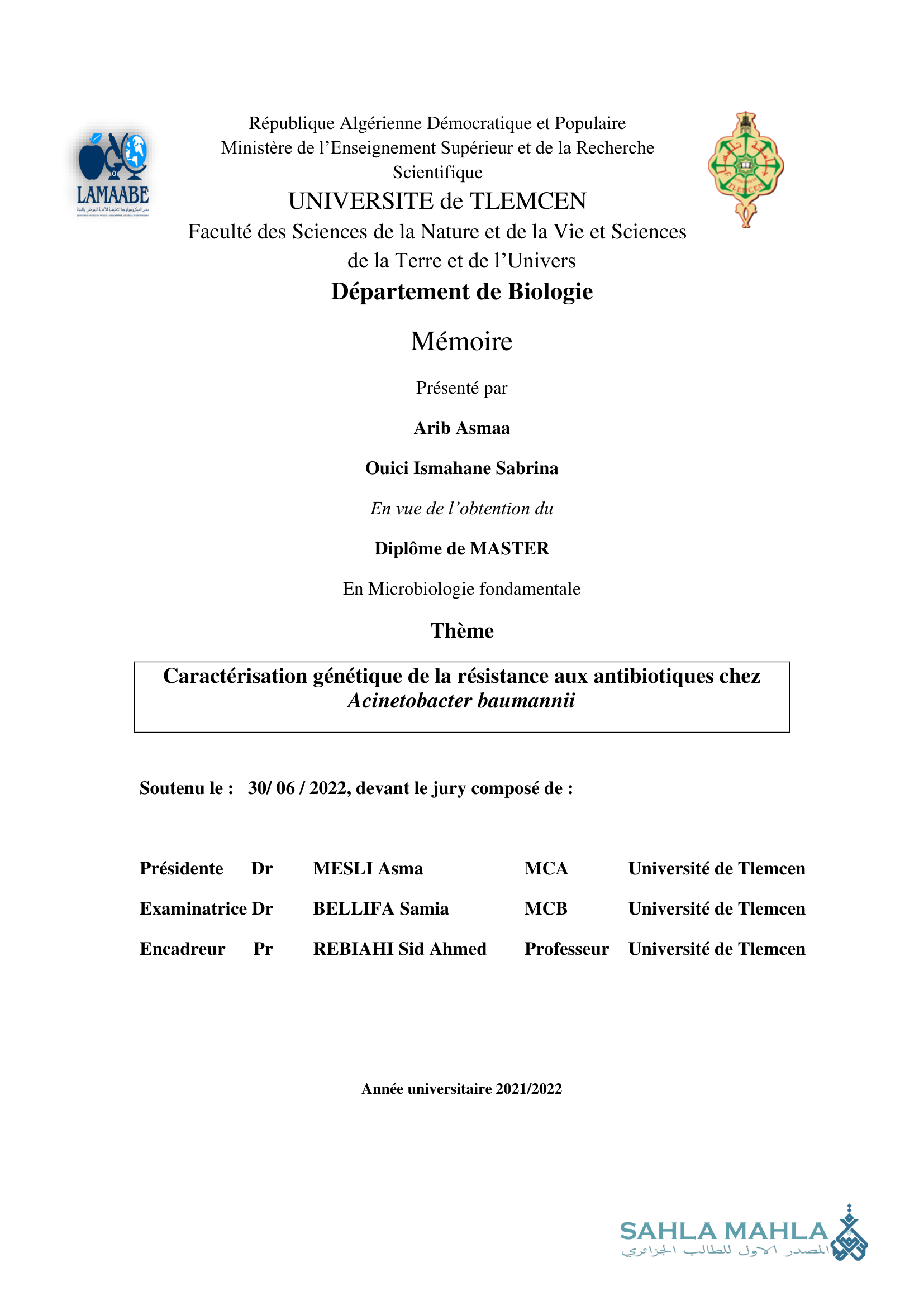 Caractérisation génétique de la résistance aux antibiotiques chez Acinetobacter baumannii