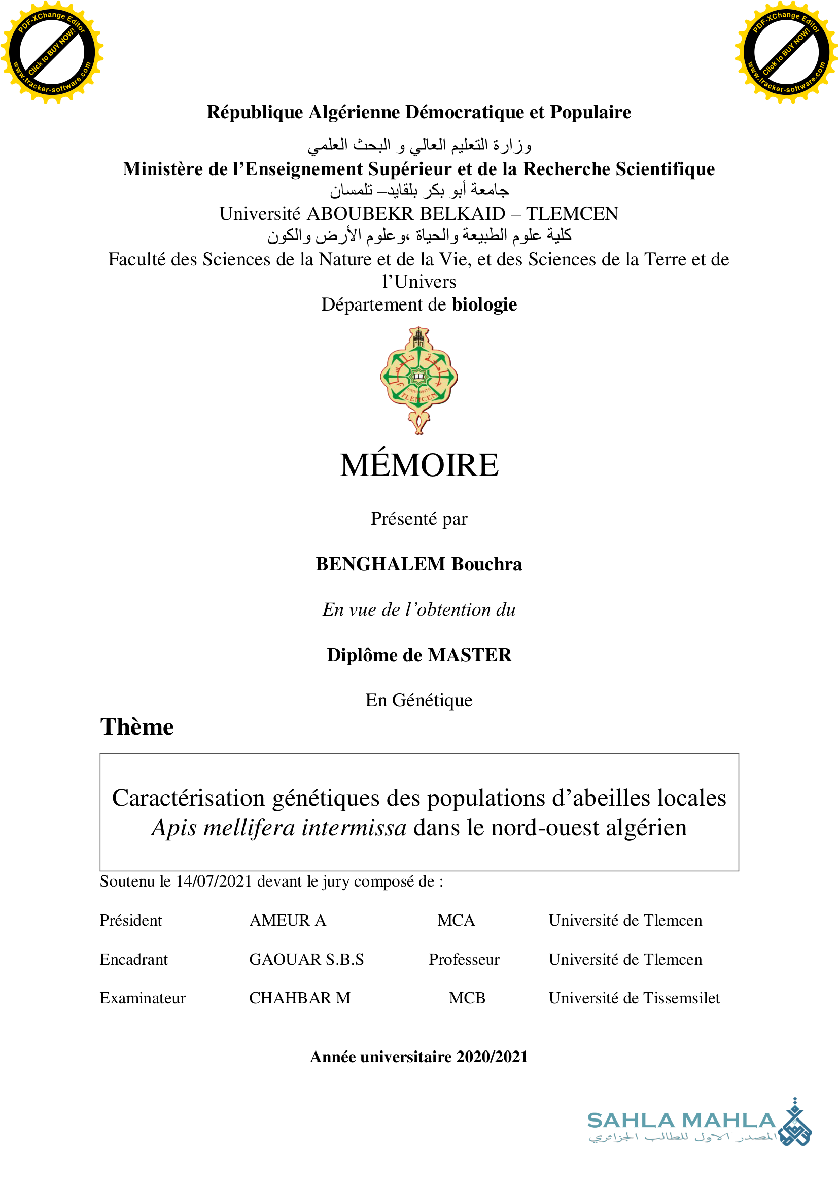 Caractérisation génétiques des populations d'abeilles locales Apis mellifera intermissa dans le nord-ouest algérien