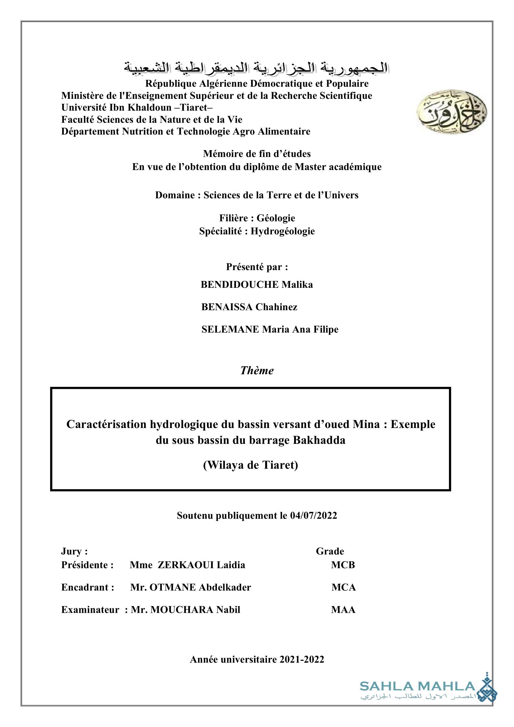 Caractérisation hydrologique du bassin versant d'oued Mina : Exemple du sous bassin du barrage Bakhadda (Wilaya de Tiaret)