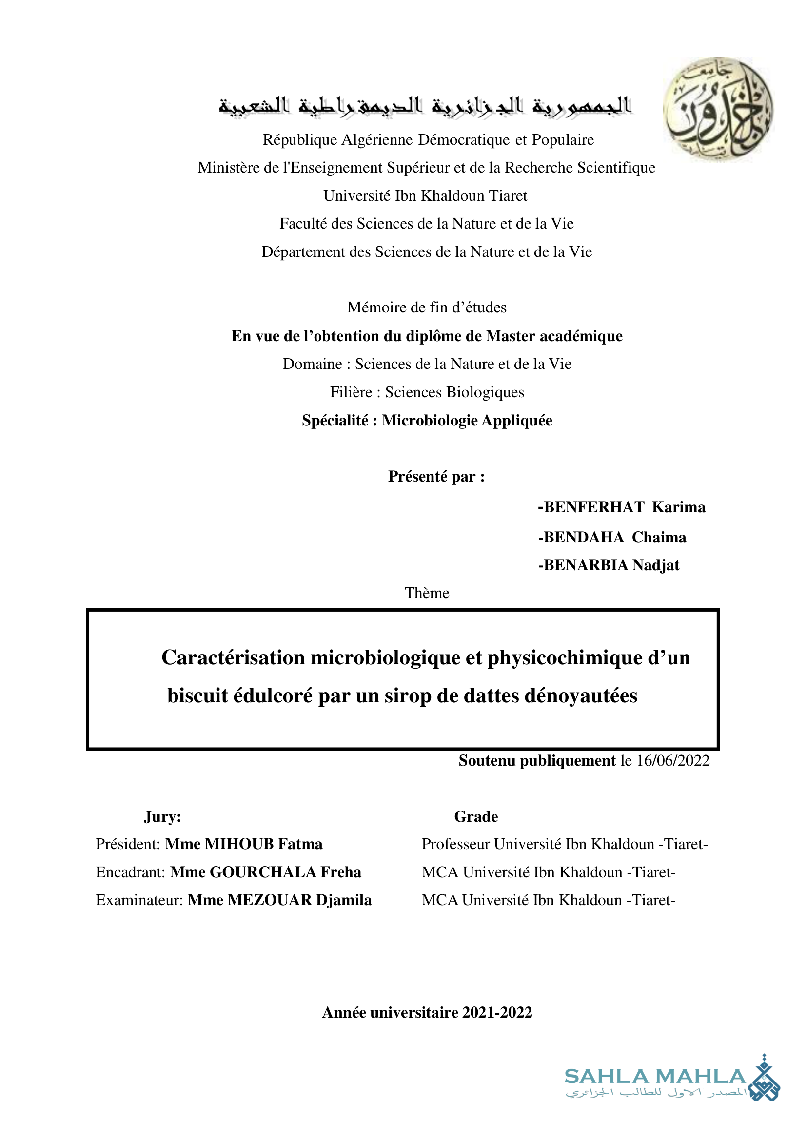Caractérisation microbiologique et physicochimique d'un biscuit édulcoré par un sirop de dattes dénoyautées