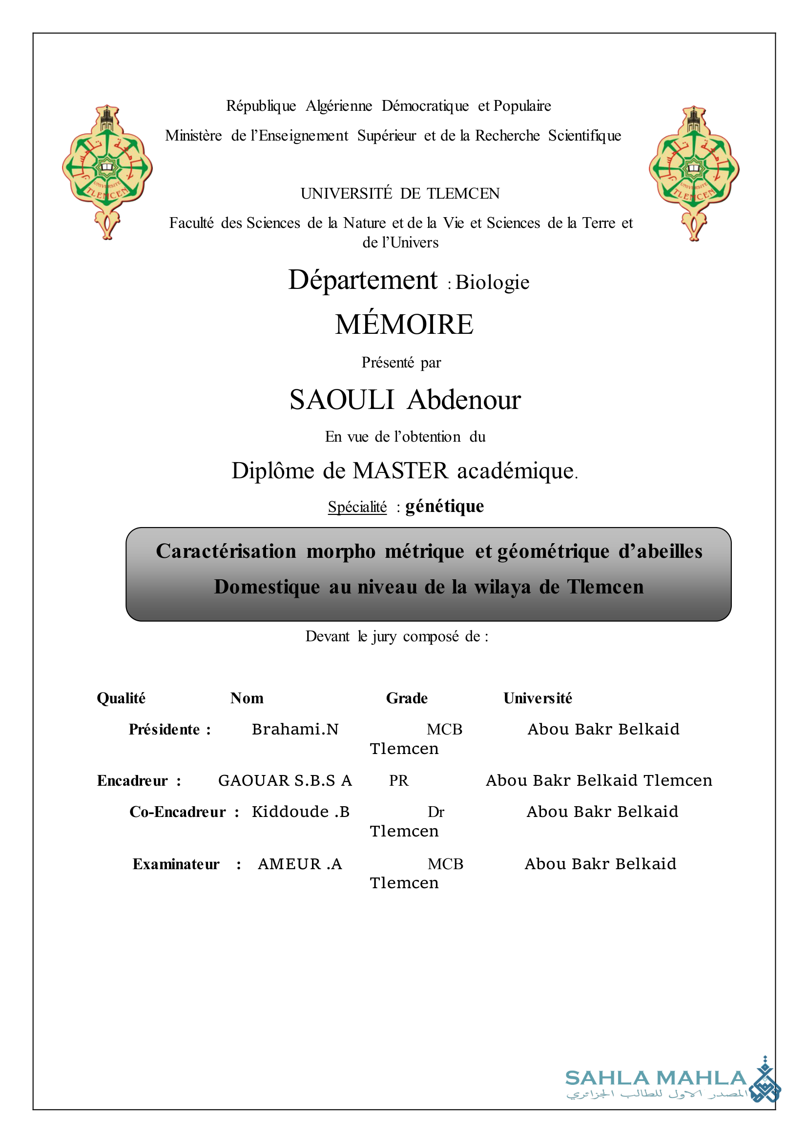 Caractérisation morpho métrique et géométrique d'abeilles Domestique au niveau de la wilaya de Tlemcen