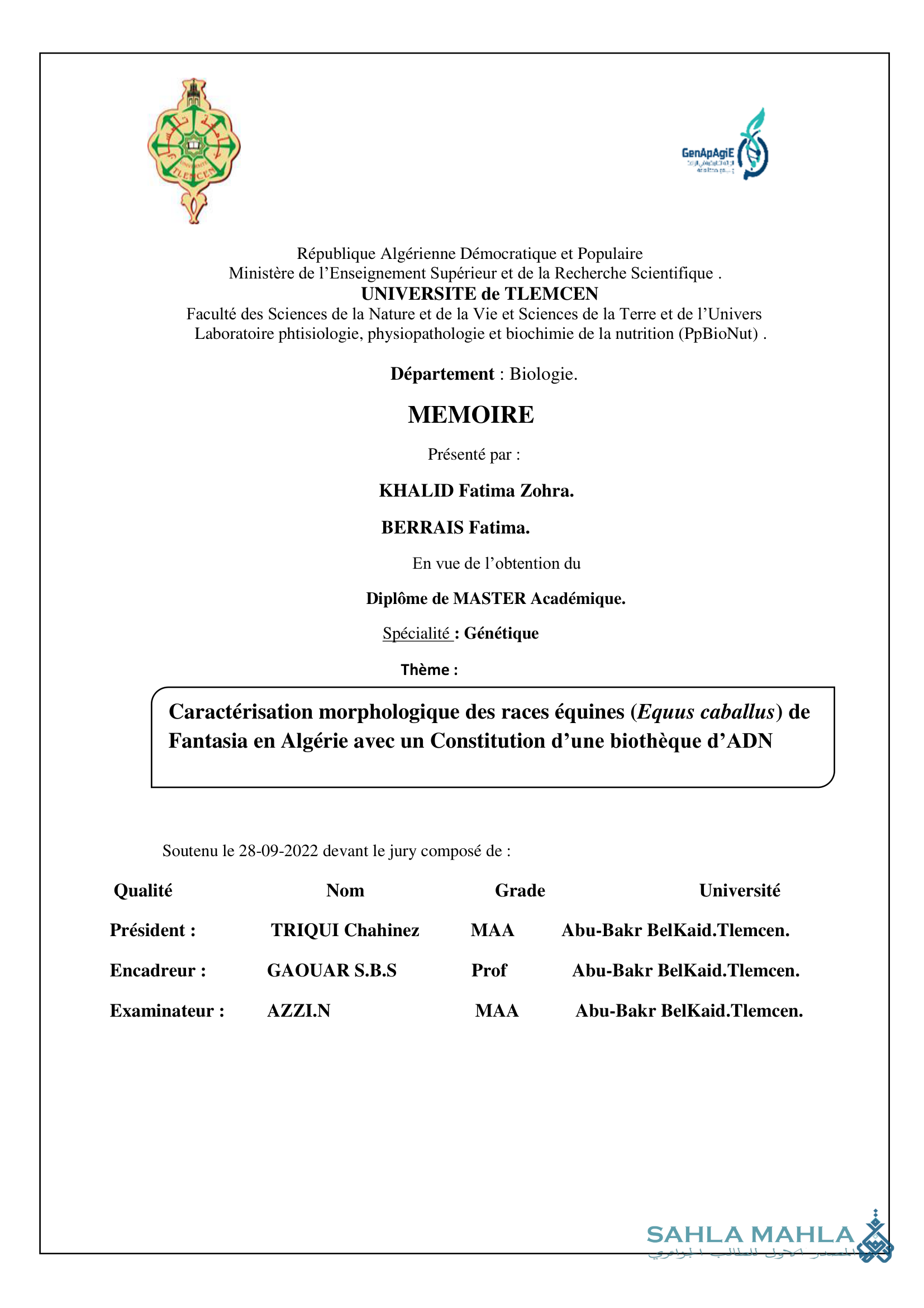 Caractérisation morphologique des races équines (Equus caballus) de Fantasia en Algérie avec un Constitution d'une biothèque d'ADN