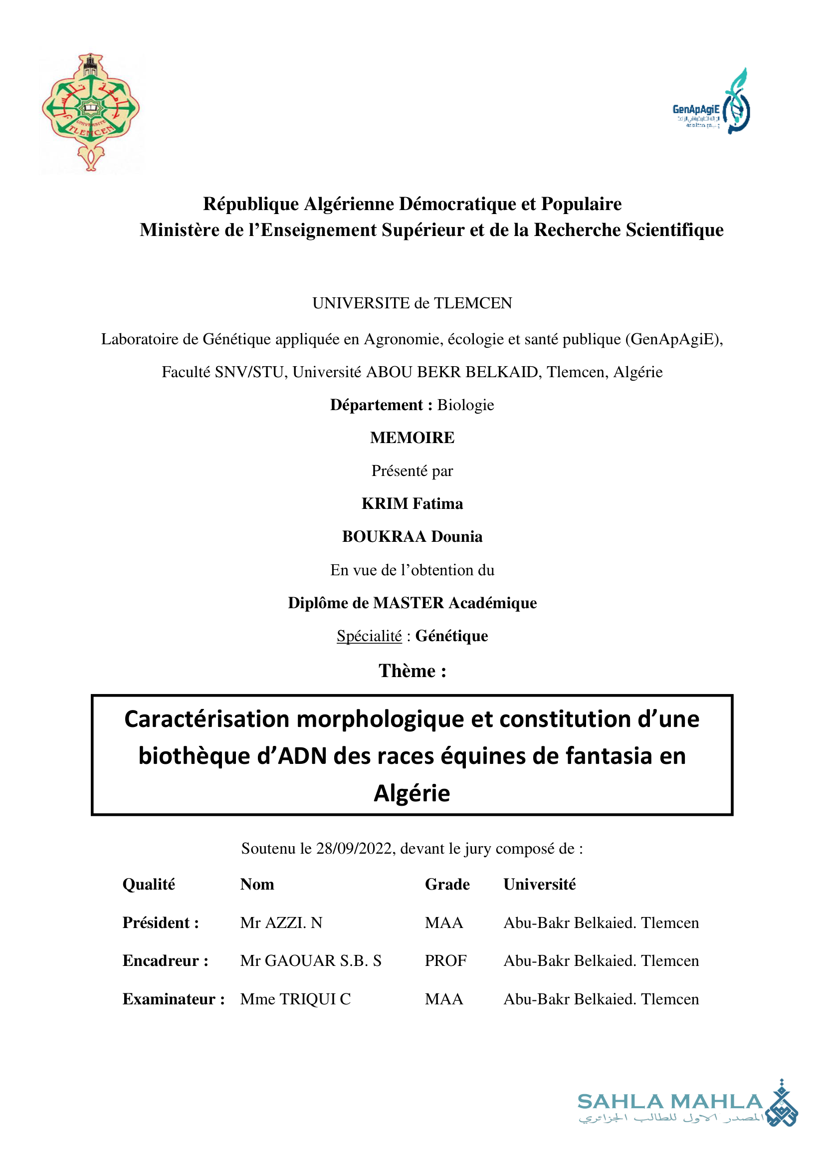 Caractérisation morphologique et constitution d'une biothèque d'ADN des races équines de fantasia en Algérie