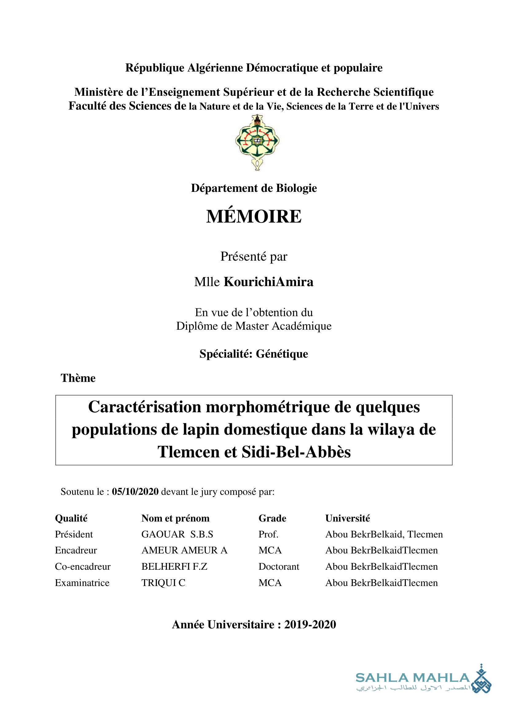 Caractérisation morphométrique de quelques populations de lapin domestique dans la wilaya de Tlemcen et Sidi-Bel-Abbès