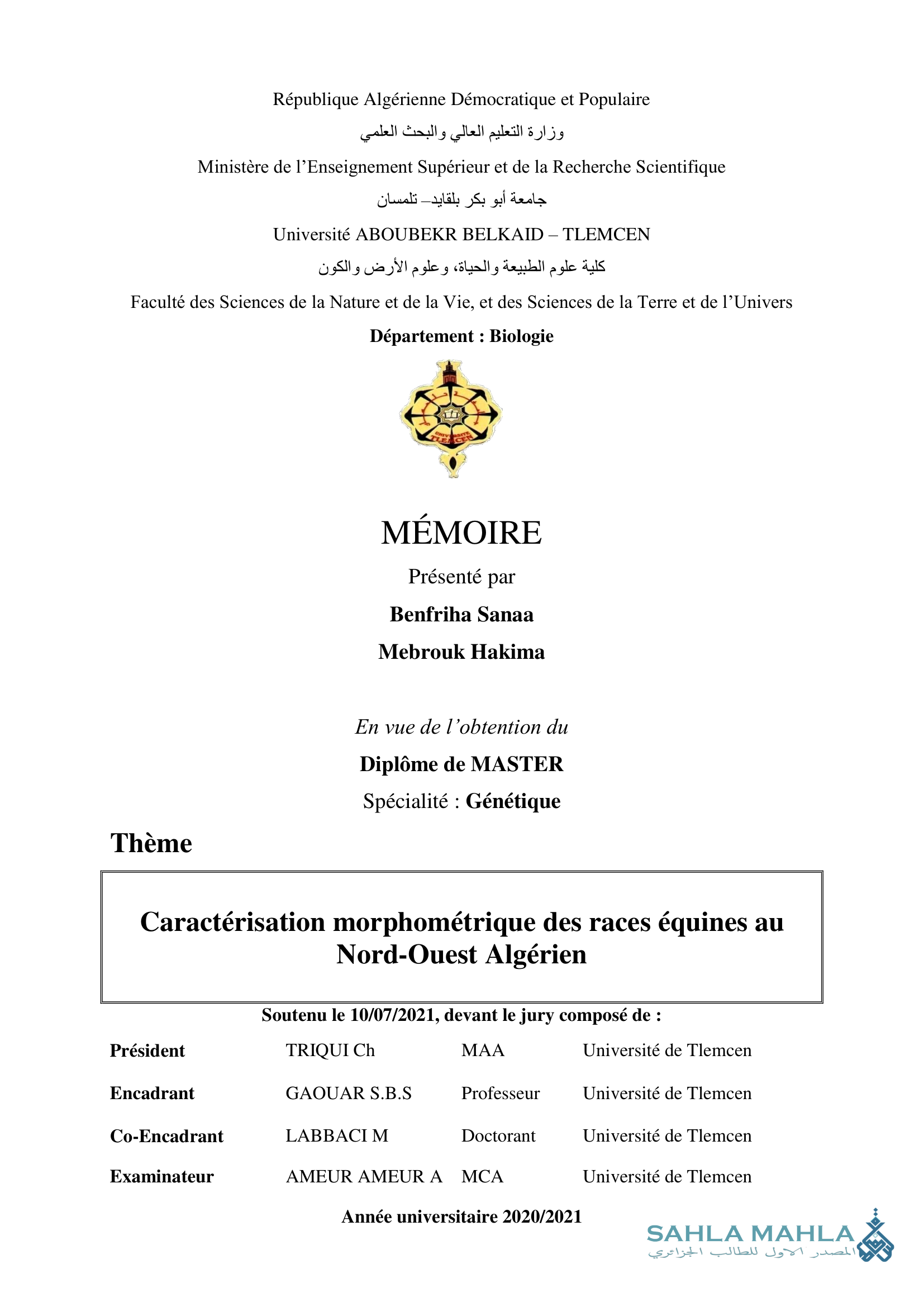 Caractérisation morphométrique des races équines au Nord-Ouest Algérien