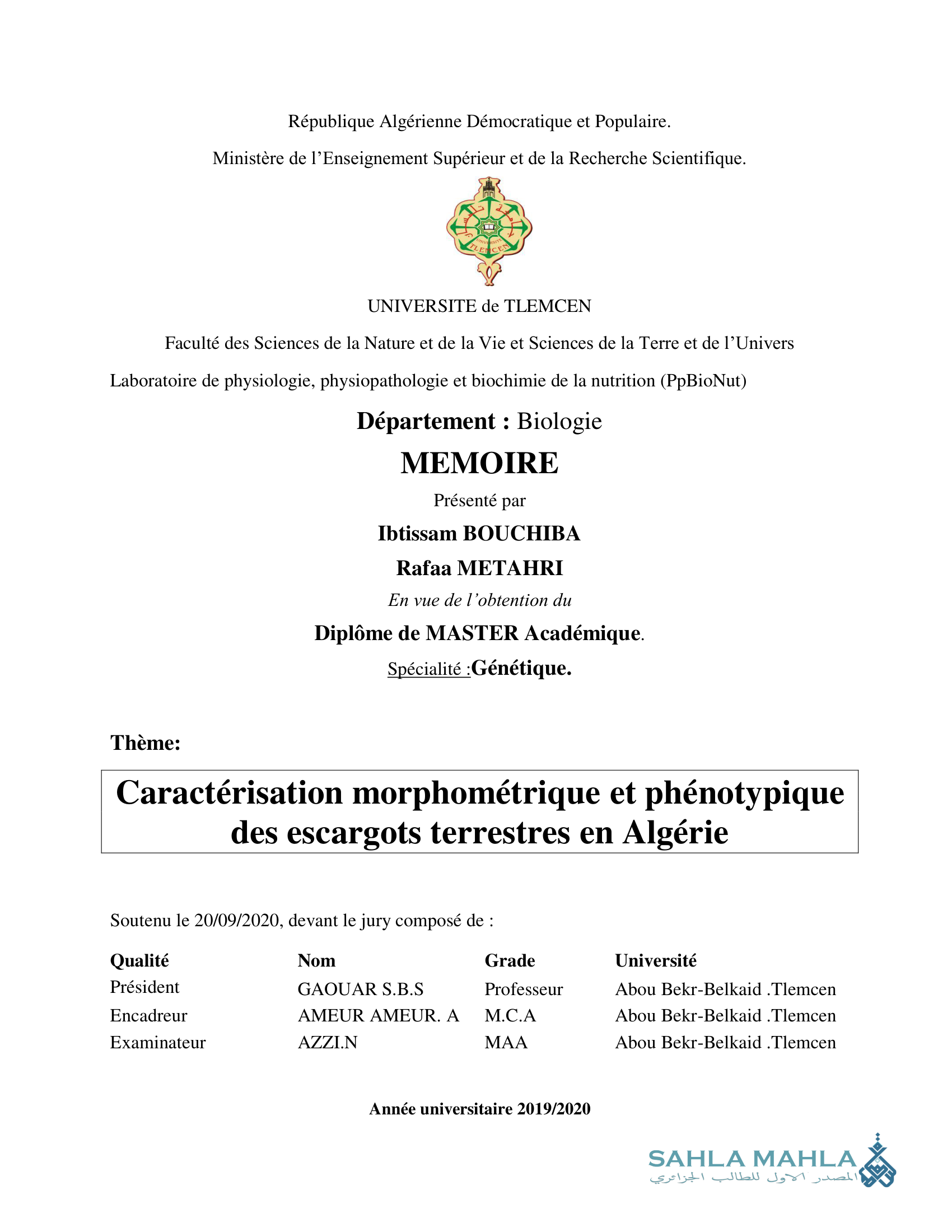 Caractérisation morphométrique et phénotypique des escargots terrestres en Algérie
