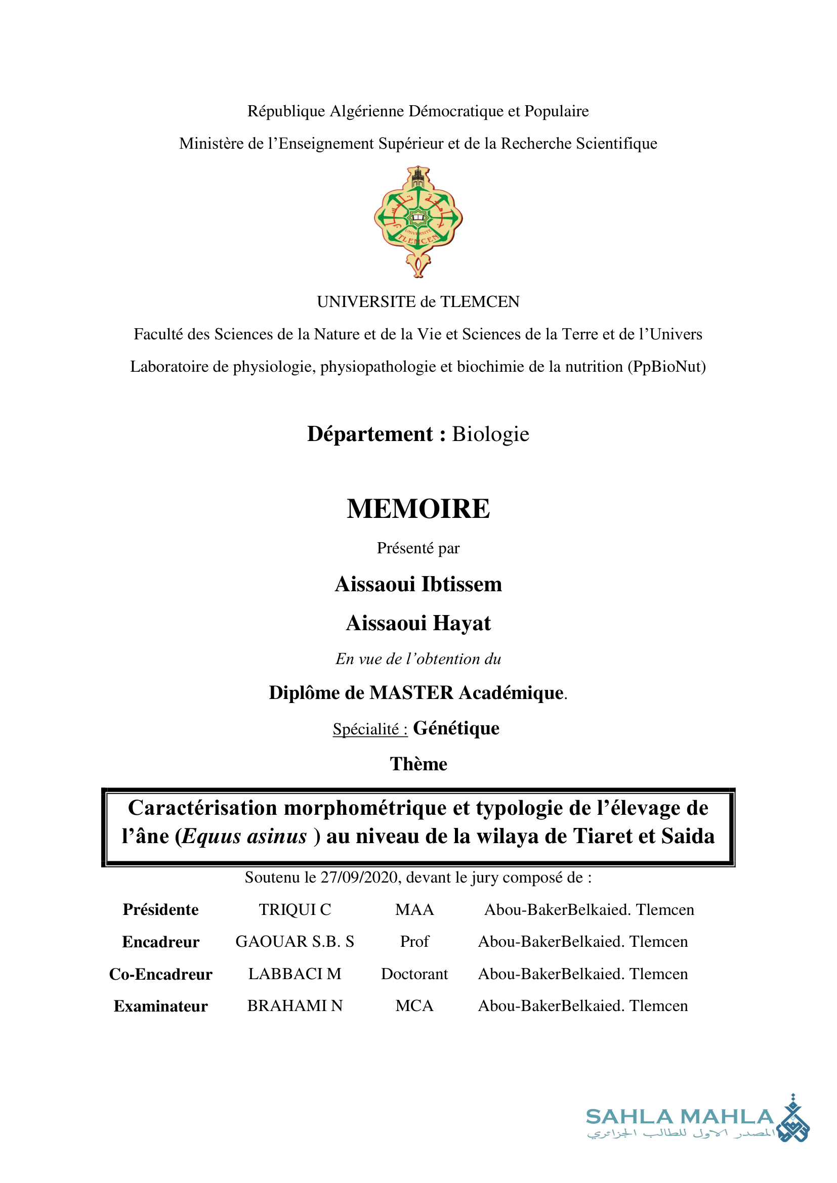 Caractérisation morphométrique et typologie de l'élevage de l'âne (Equus asinus ) au niveau de la wilaya de Tiaret et Saida