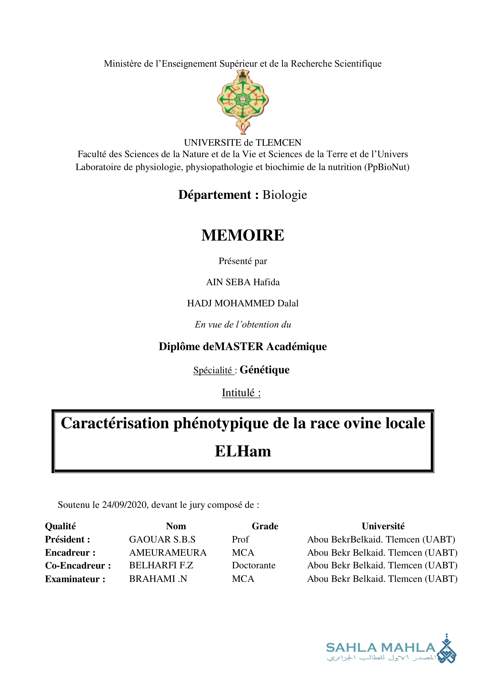 Caractérisation phénotypique de la race ovine locale ElHam