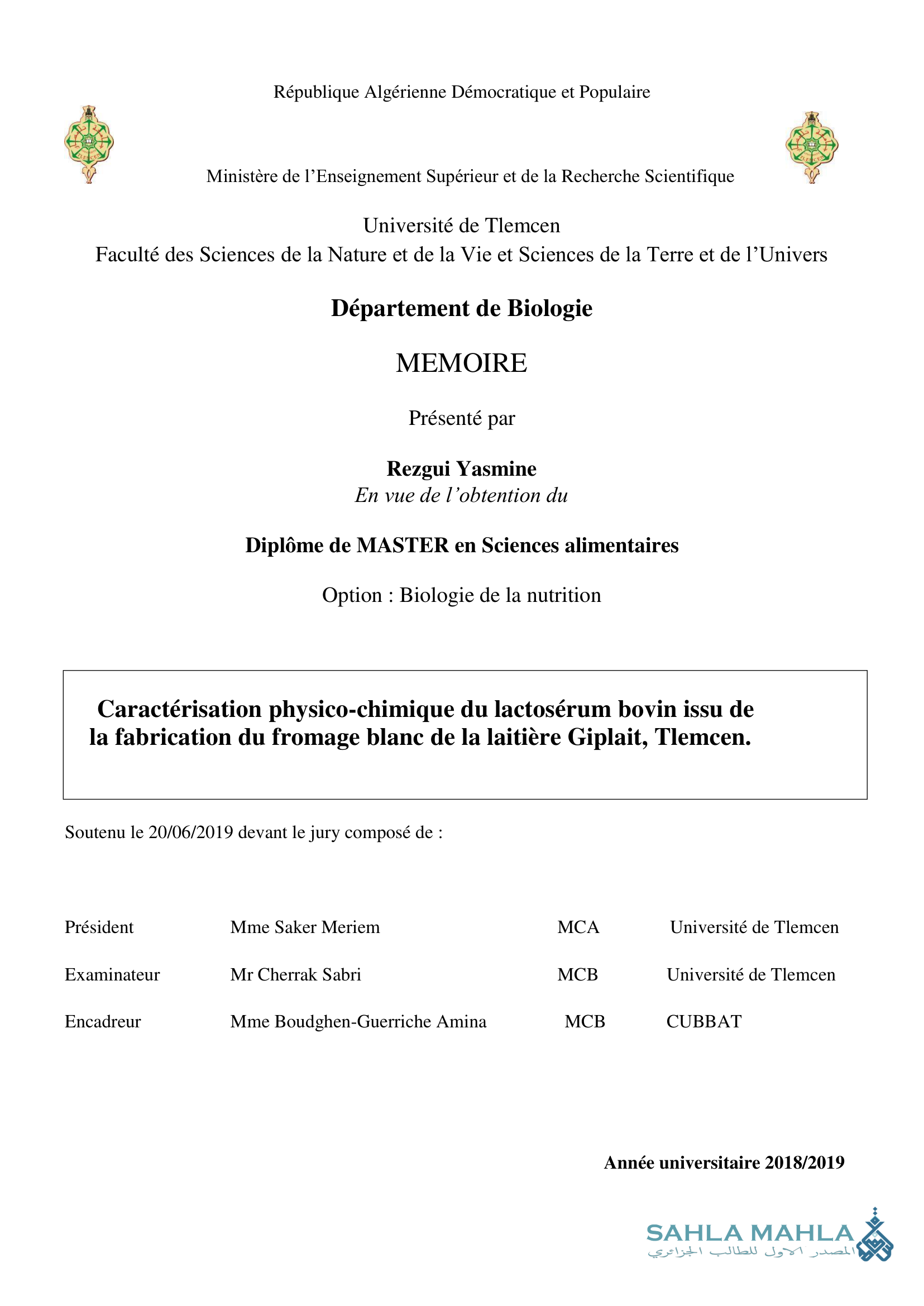 Caractérisation physico-chimique du lactosérum bovin issu de la fabrication du fromage blanc de la laitière Giplait, Tlemcen.