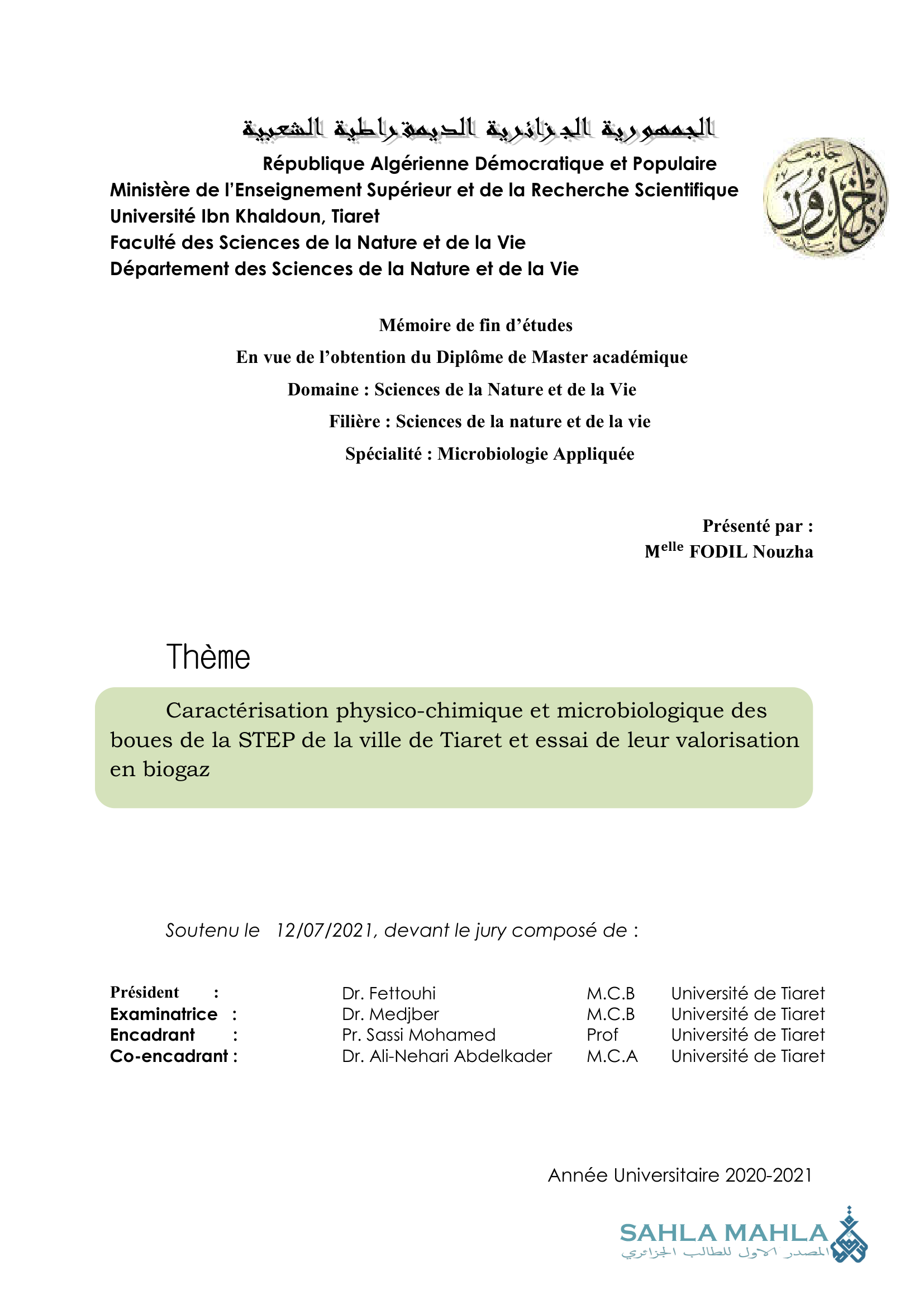 Caractérisation physico-chimique et microbiologique des boues de la STEP de la ville de Tiaret et essai de leur valorisation en biogaz