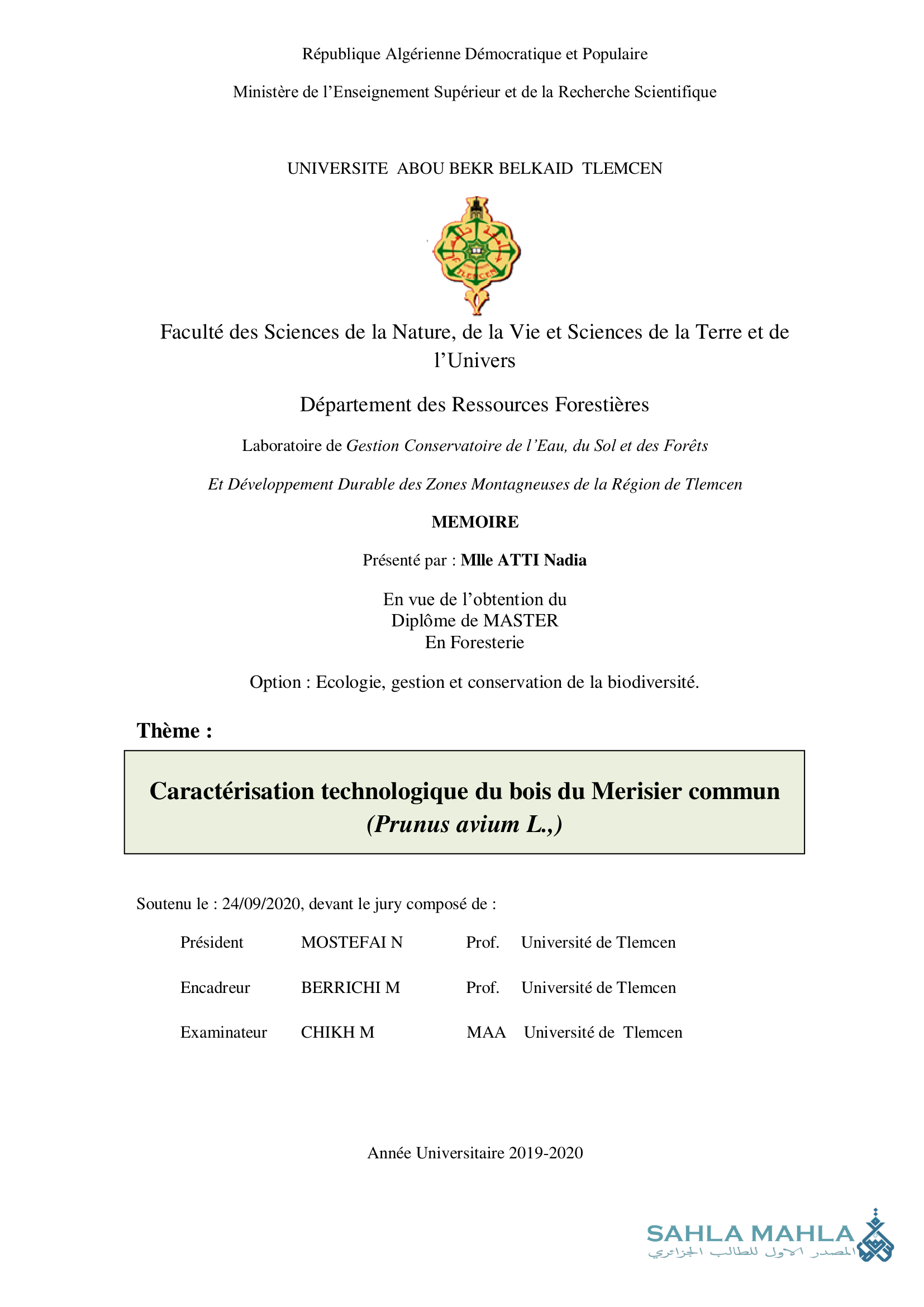 Caractérisation technologique du bois du Merisier commun (Prunus avium L.,)