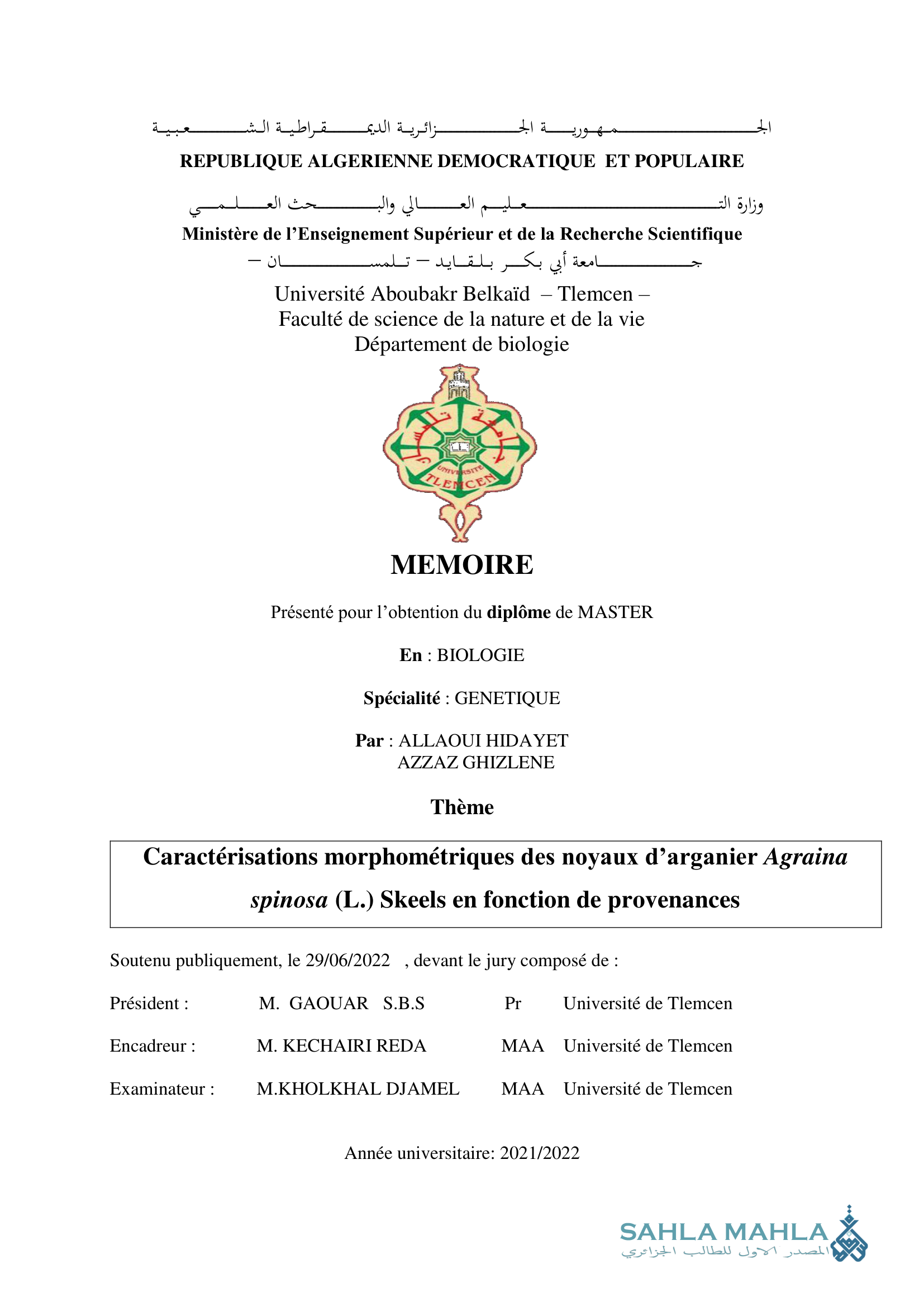 Caractérisations morphométriques des noyaux d'arganier Agraina spinosa (L.) Skeels en fonction de provenances