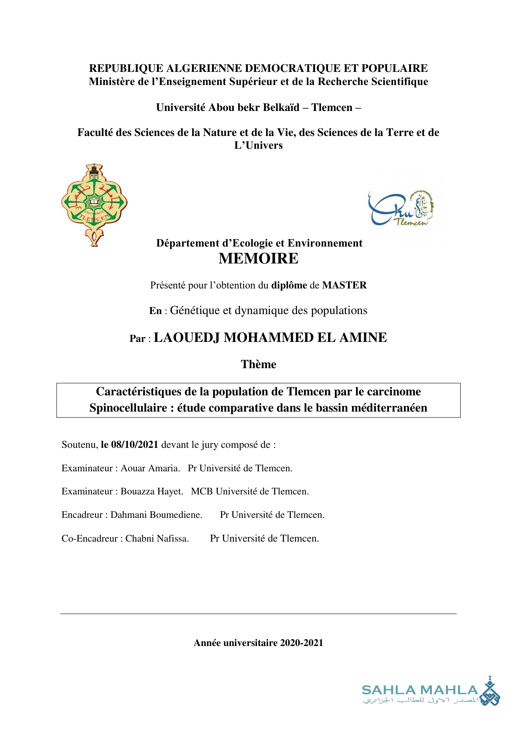 Caractéristiques de la population de Tlemcen par le carcinome Spinocellulaire : étude comparative dans le bassin méditerranéen