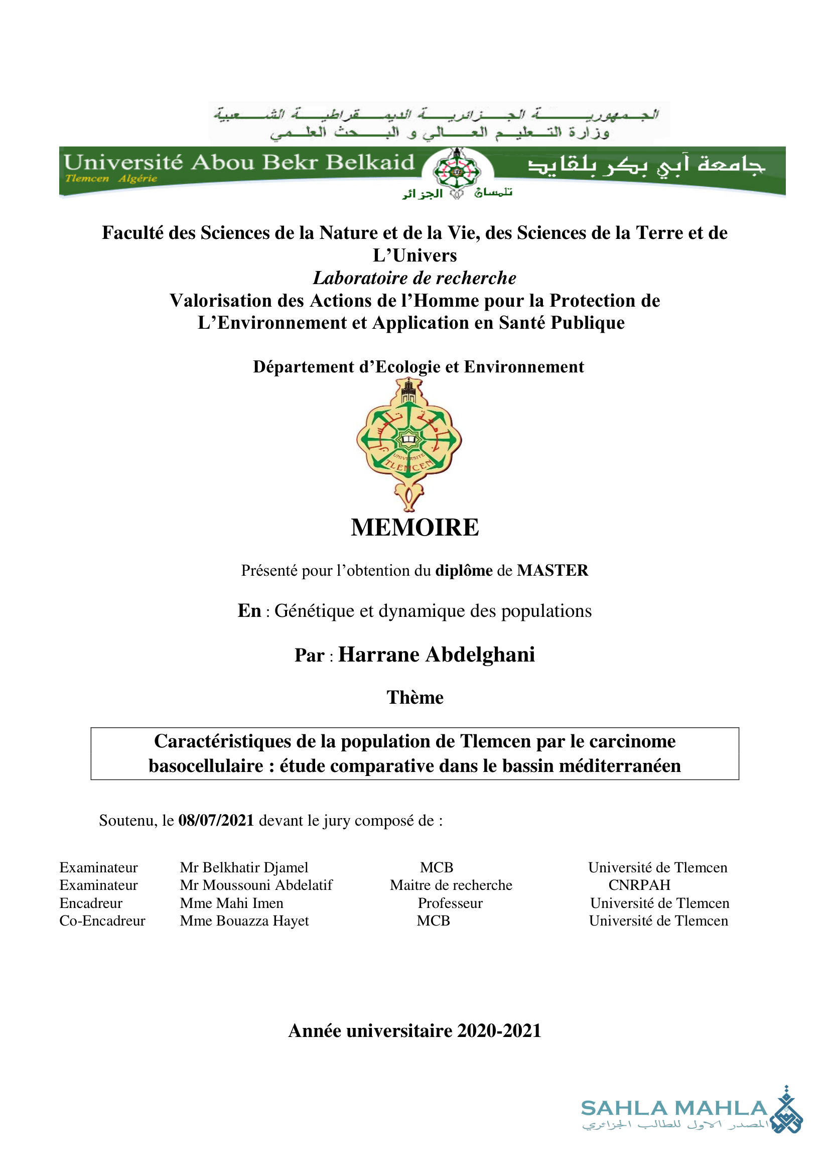 Caractéristiques de la population de Tlemcen par le carcinome basocellulaire : étude comparative dans le bassin méditerranéen