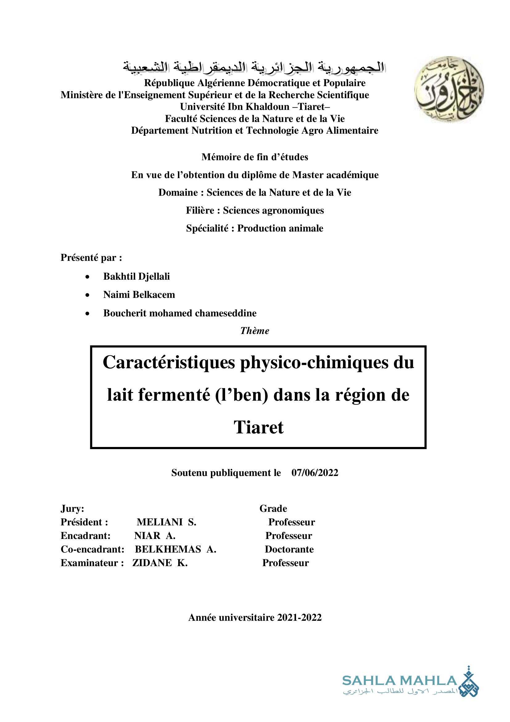 Caractéristiques physico-chimiques du lait fermenté (l'ben) dans la région de Tiaret
