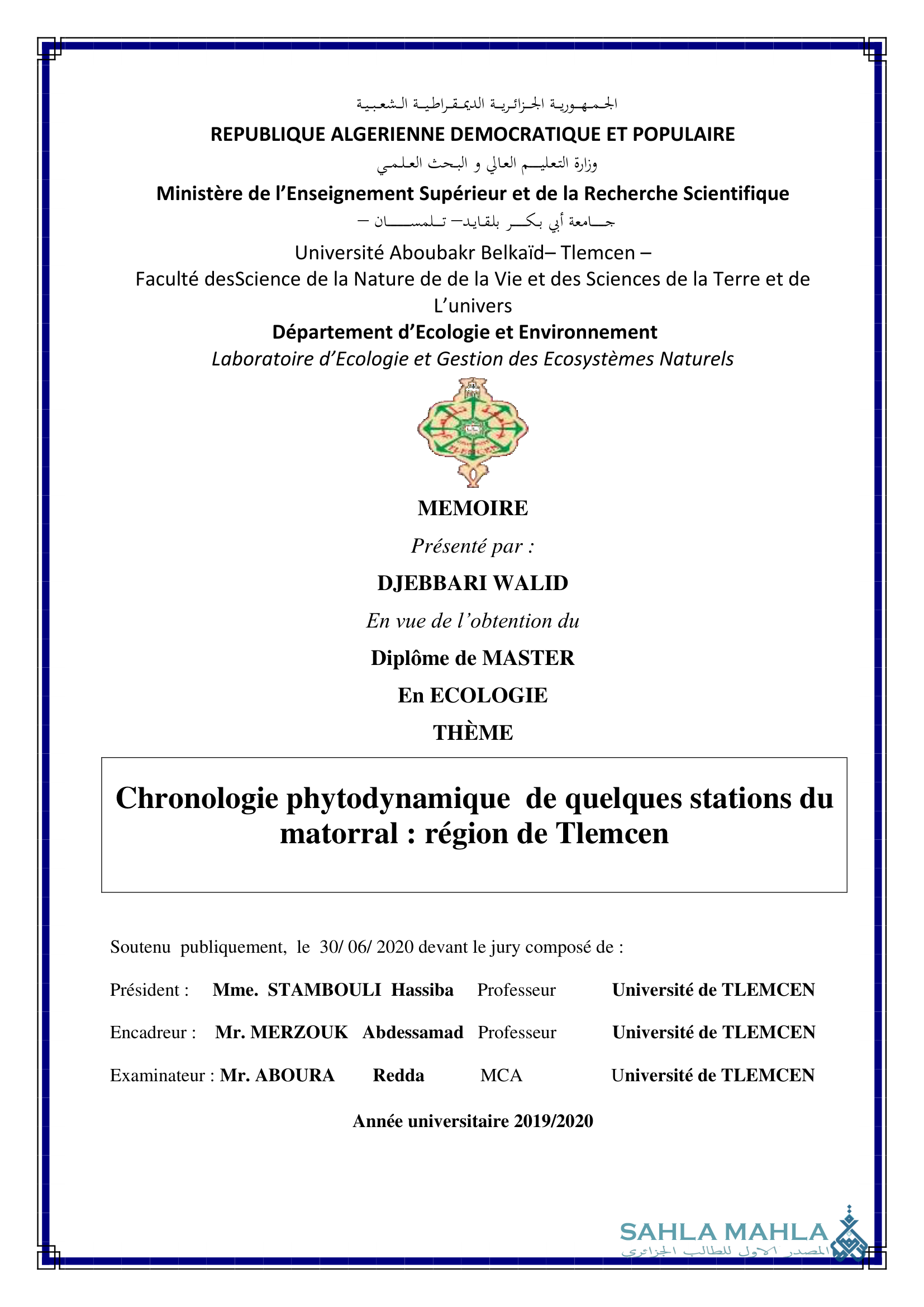 Chronologie phytodynamique de quelques stations du matorral : région de Tlemcen