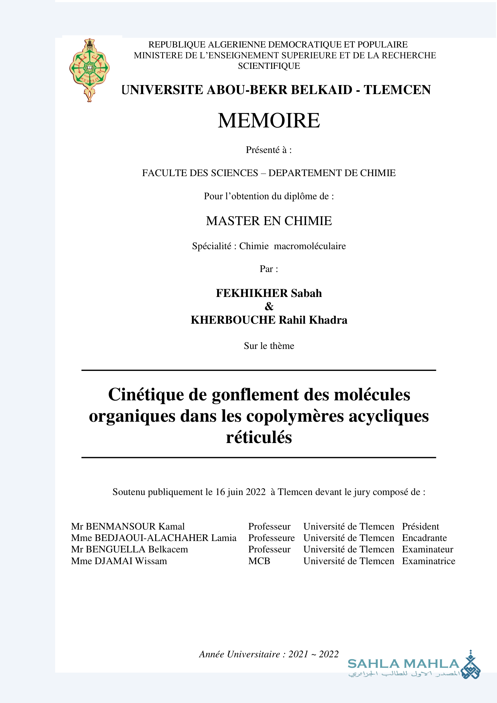 Cinétique de gonflement des molécules organiques dans les copolymères acycliques réticulés