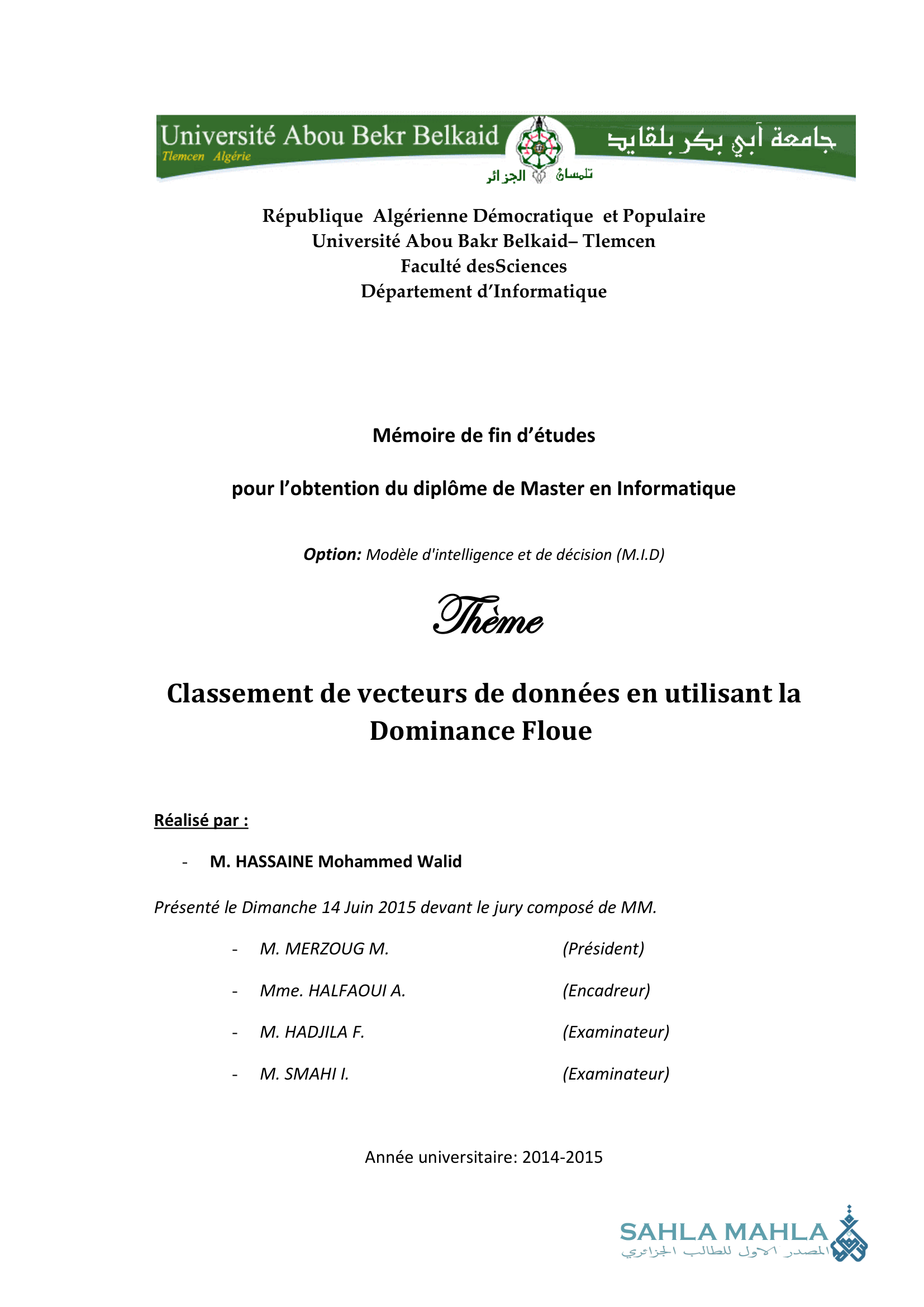 Classement de vecteurs de données en utilisant la Dominance Floue