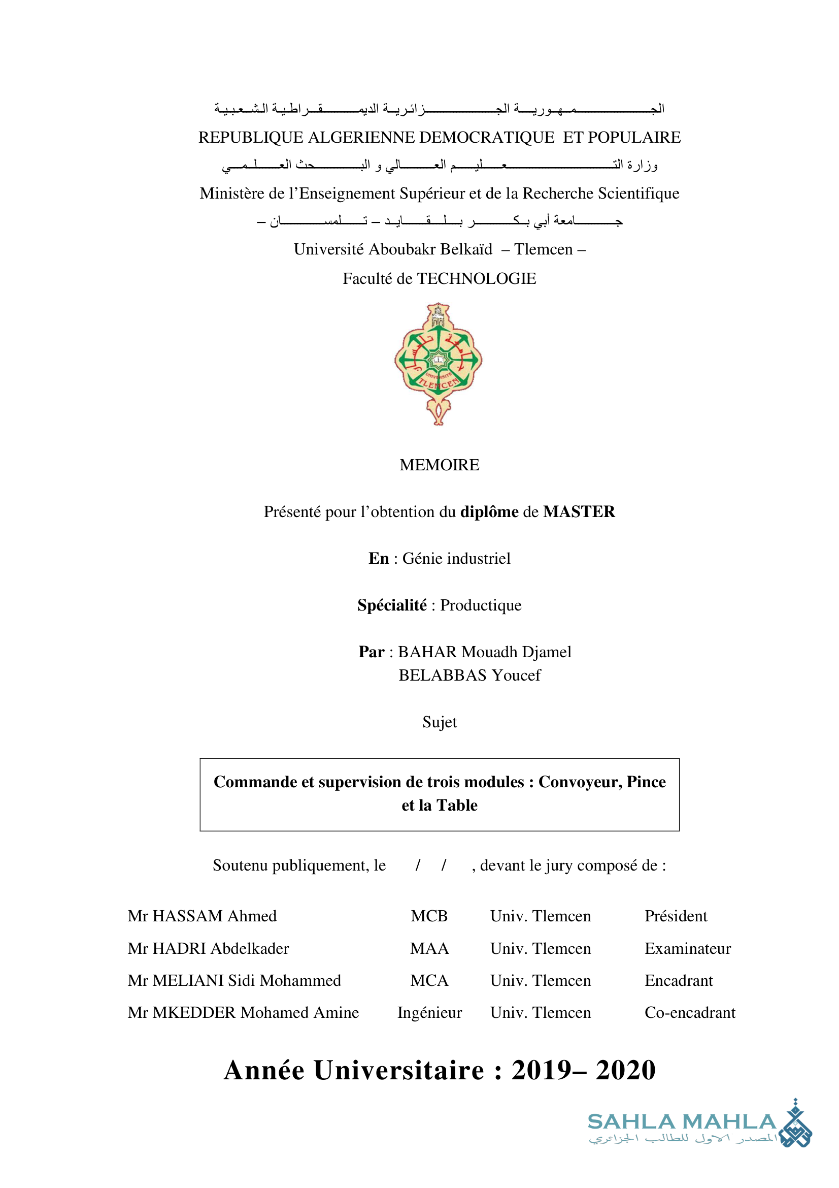 Commande et supervision de trois modules: Convoyeur, Pince et la Table