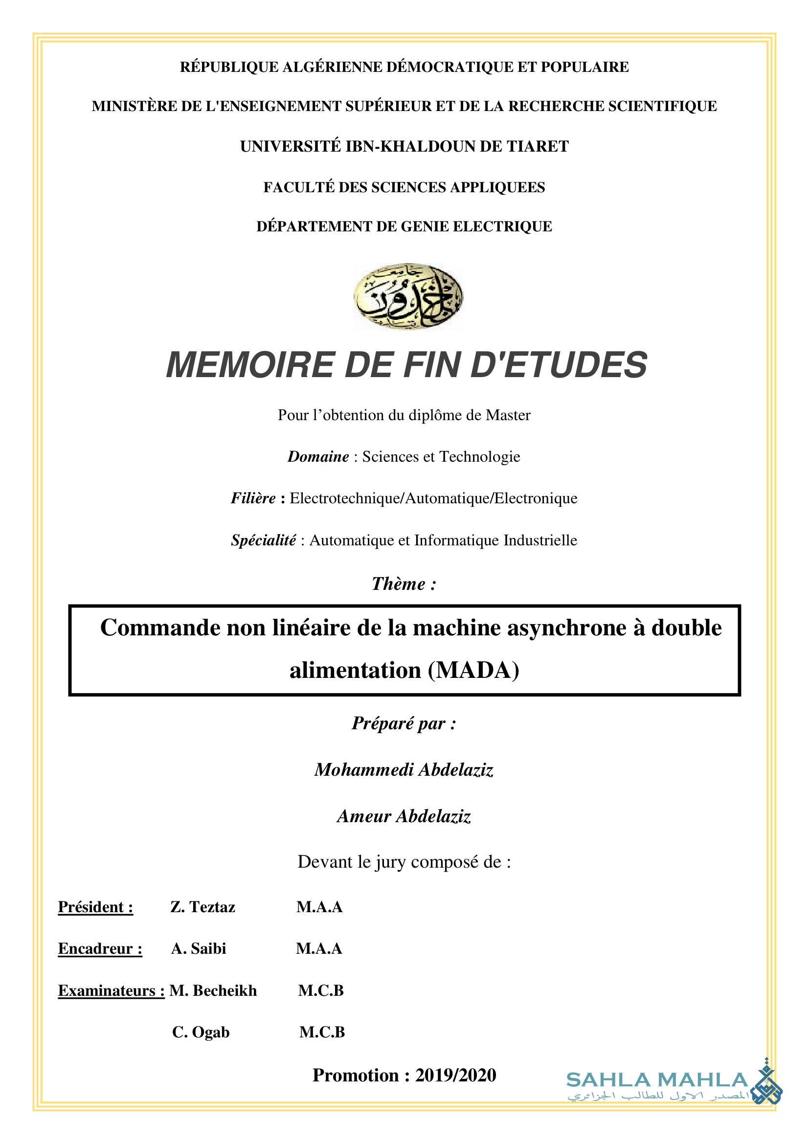 Commande non linéaire de la machine asynchrone à double alimentation (MADA)