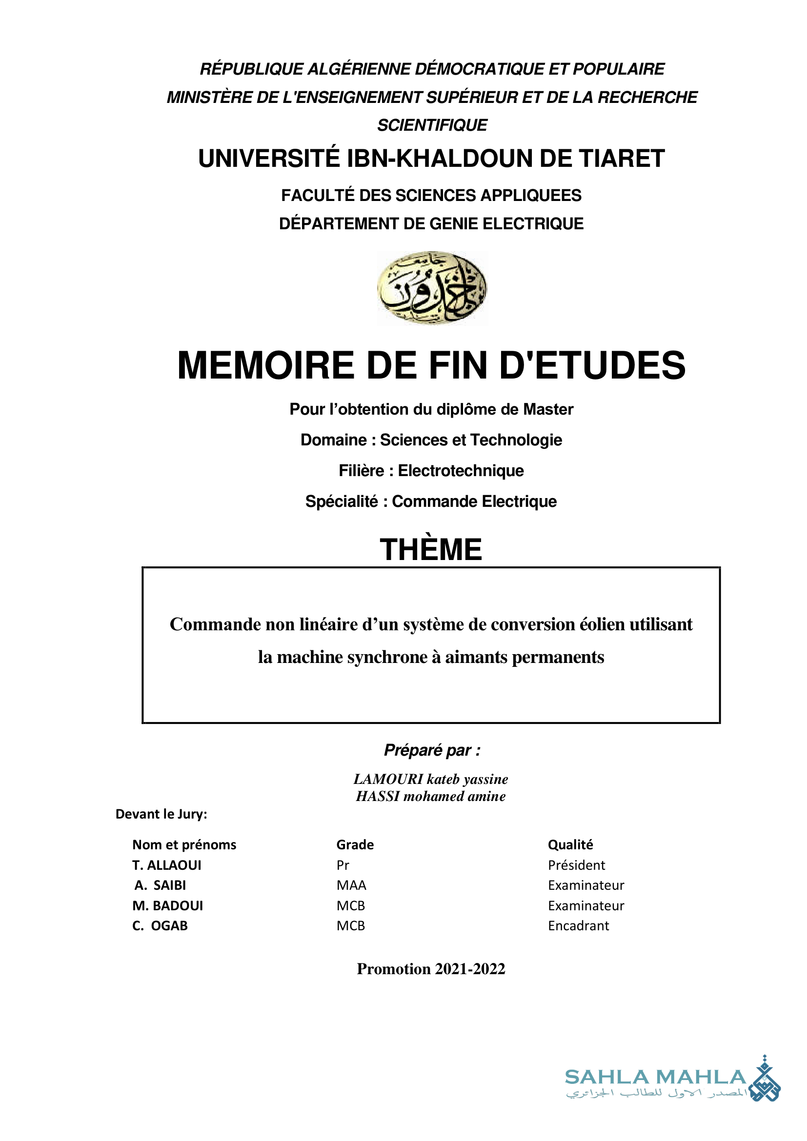 Commande non linéaire d'un système de conversion éolien utilisant la machine synchrone à aimants permanents