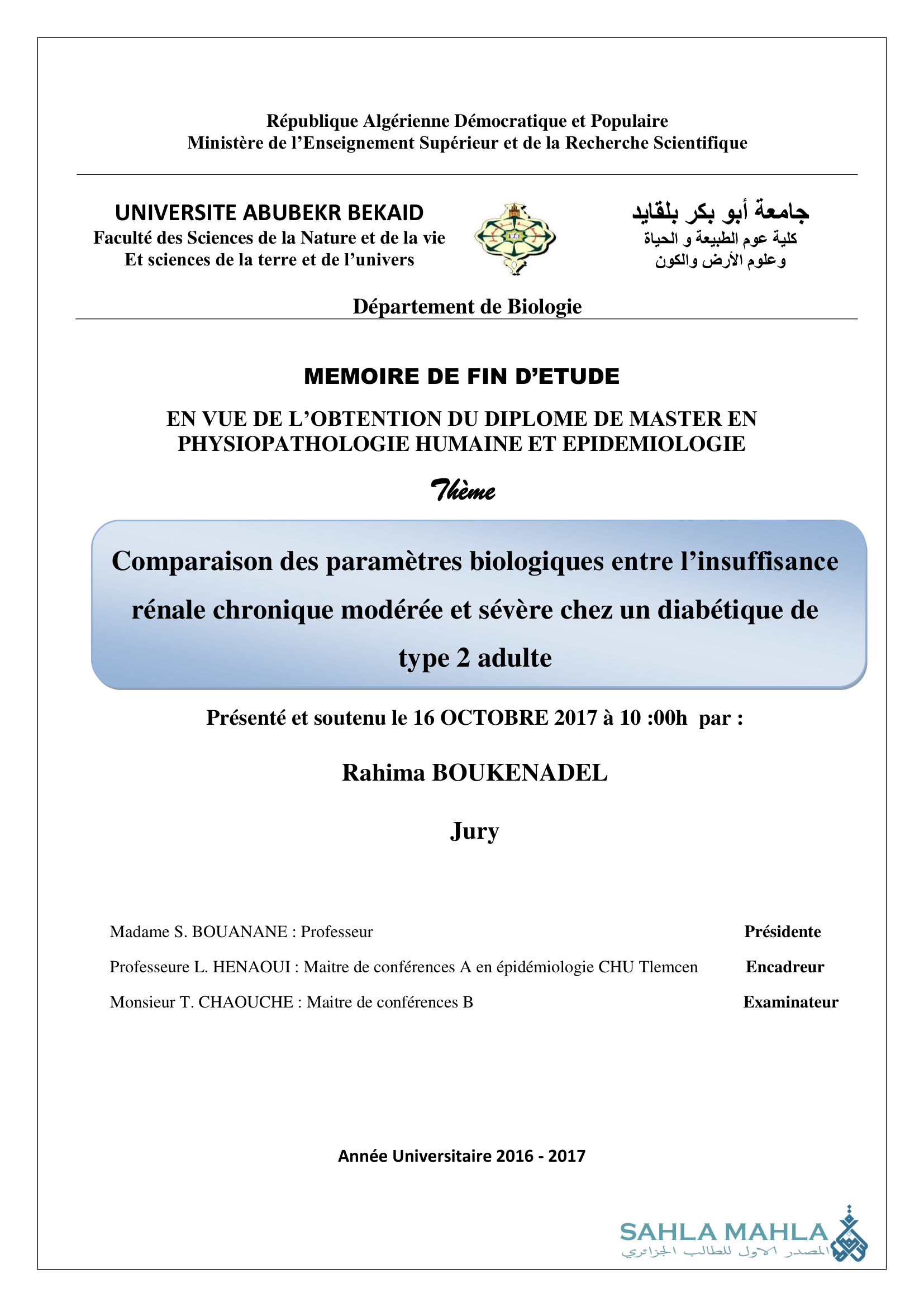 Comparaison des paramètres biologiques entre l'insuffisance rénale chronique modérée et sévère chez un diabétique de type 2 adulte