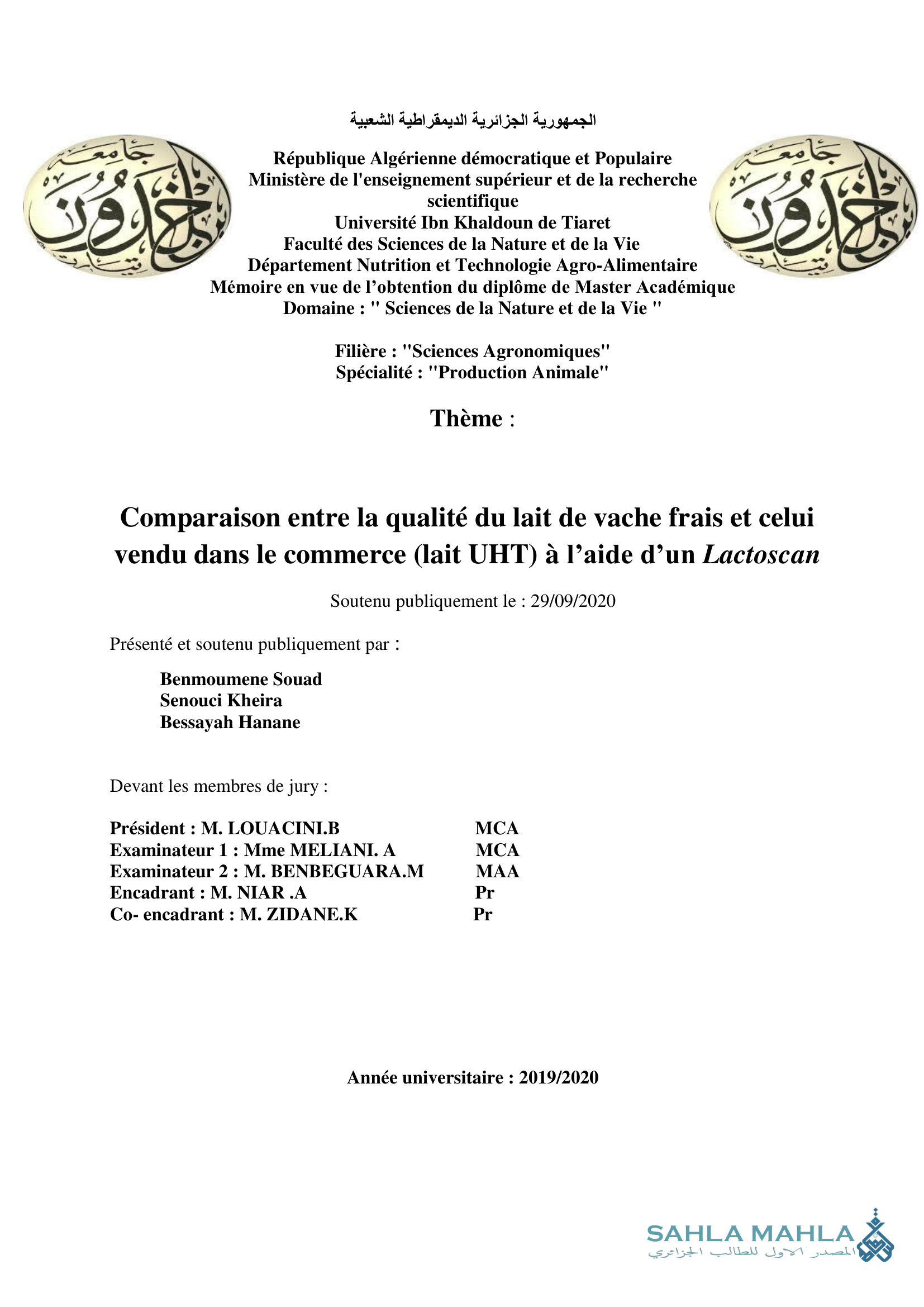 Comparaison entre la qualité du lait de vache frais et celui vendu dans le commerce (lait UHT) à l'aide d'un Lactoscan