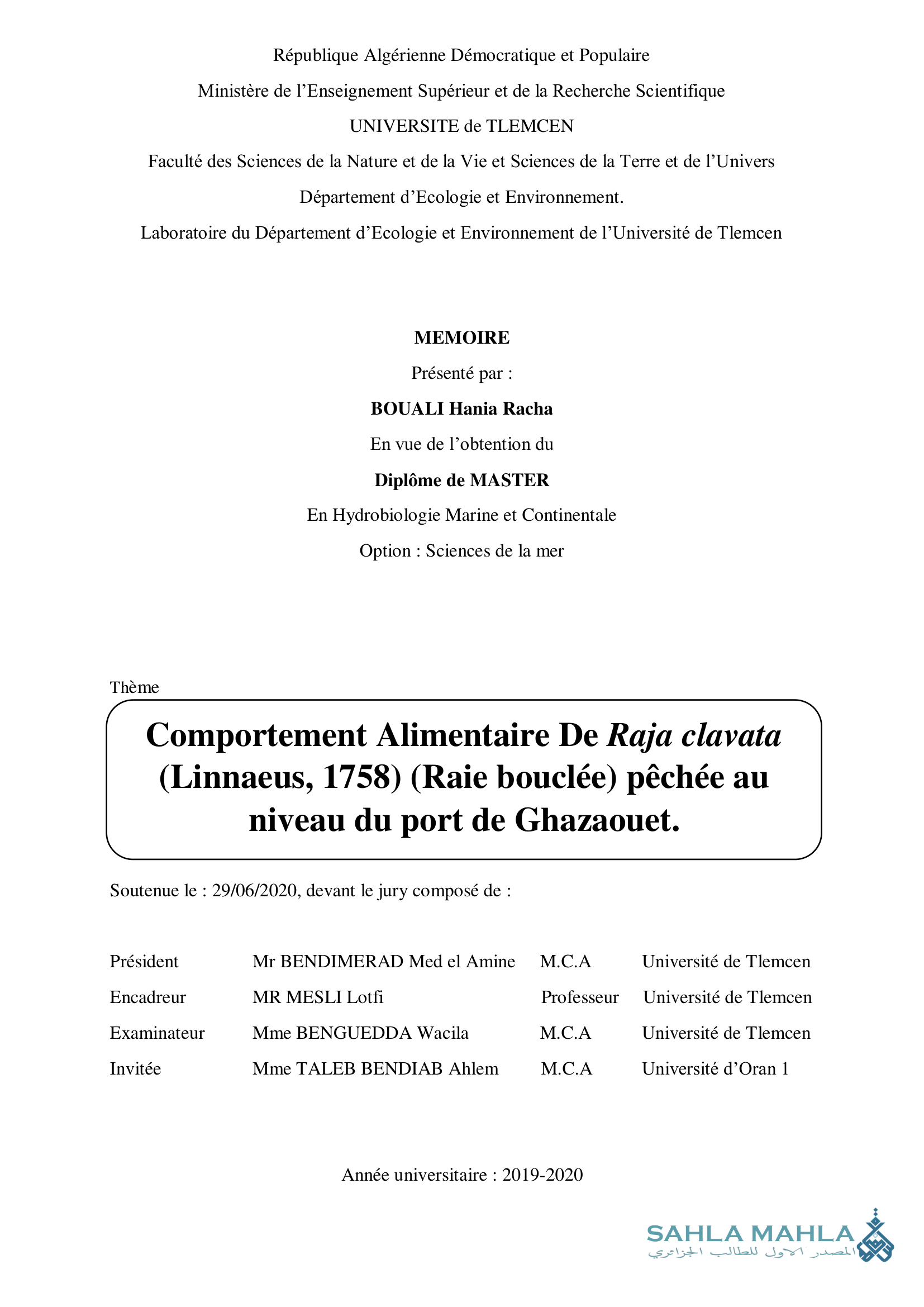 Comportement Alimentaire De Raja clavata (Linnaeus, 1758) (Raie bouclée) pêchée au niveau du port de Ghazaouet.