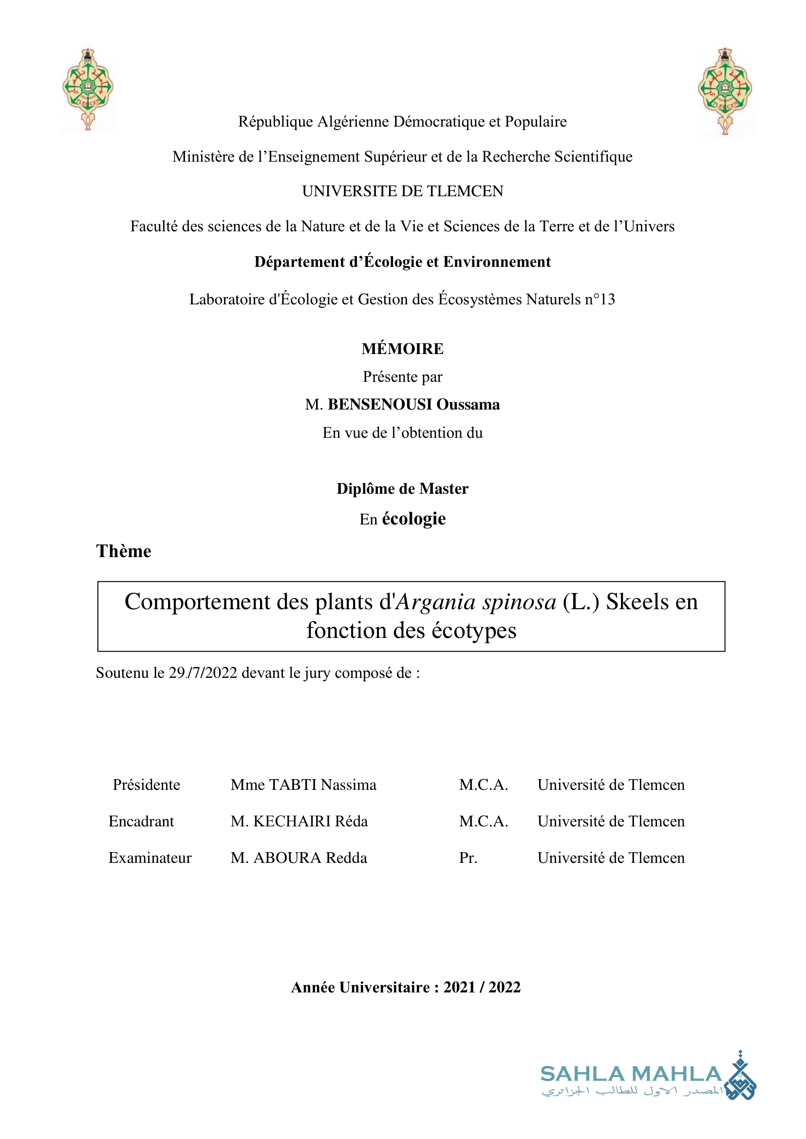 Comportement des plants d'Argania spinosa (L.) Skeels en fonction des écotypes