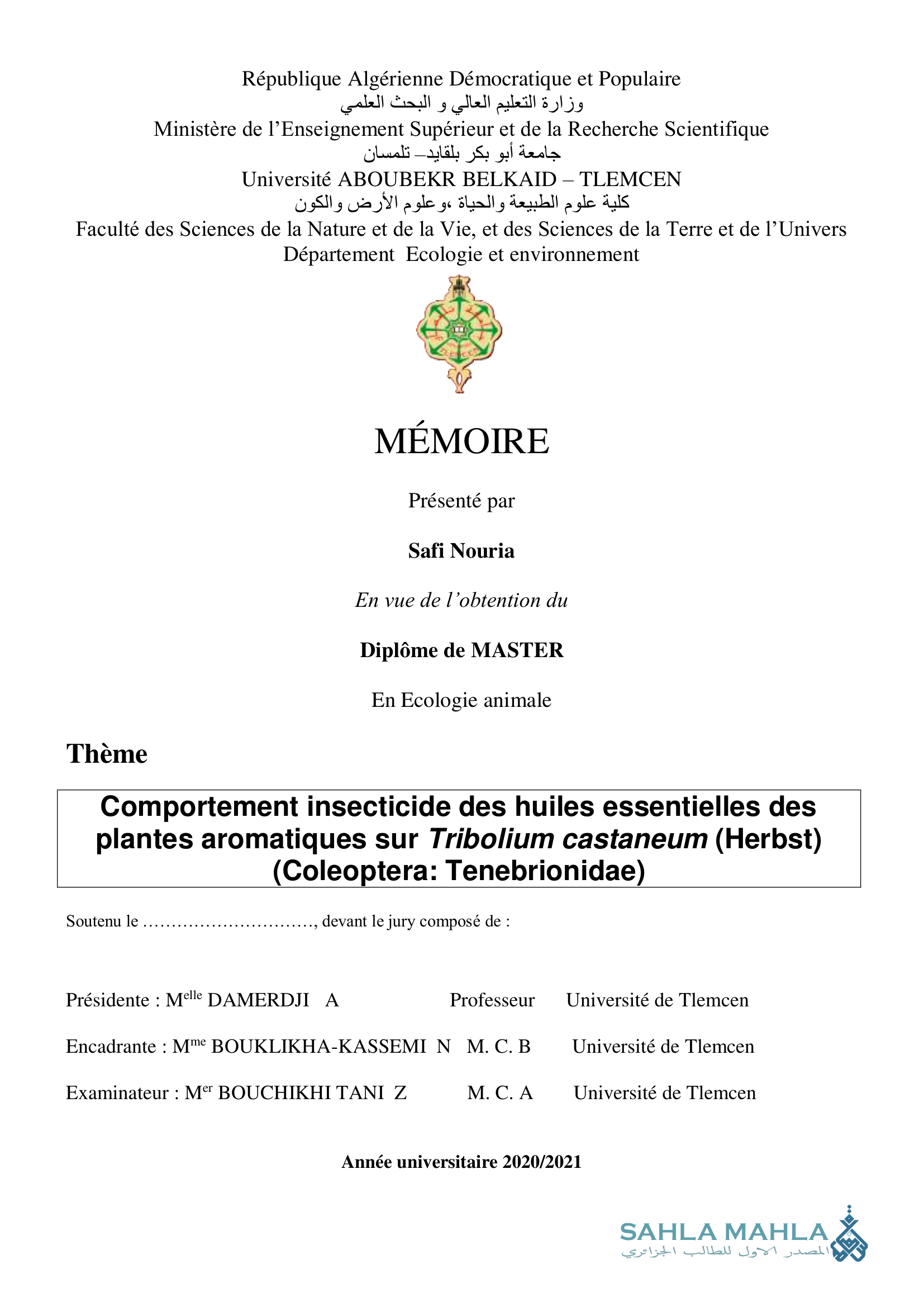 Comportement insecticide des huiles essentielles des plantes aromatiques sur Tribolium castaneum (Herbst) (Coleoptera: Tenebrionidae)