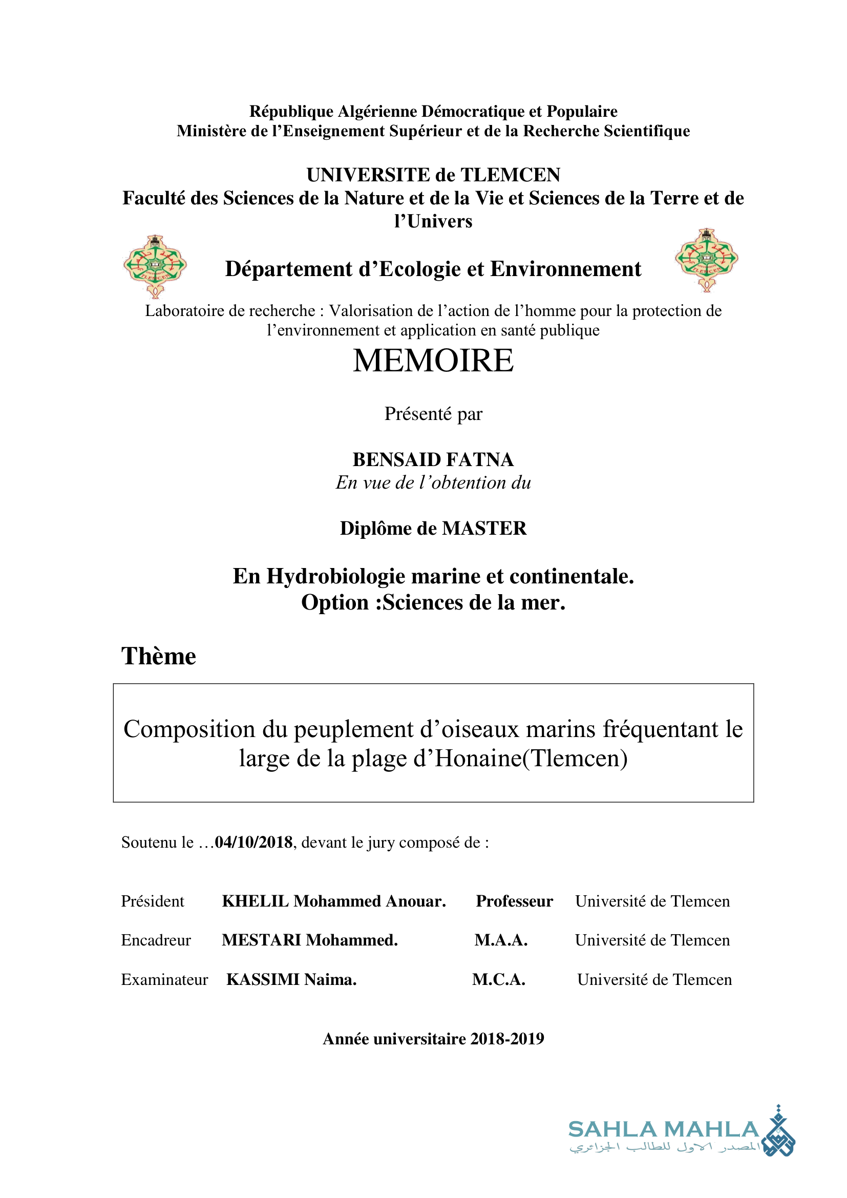 Composition du peuplement d'oiseaux marins fréquentant le large de la plage d'Honaine(Tlemcen)
