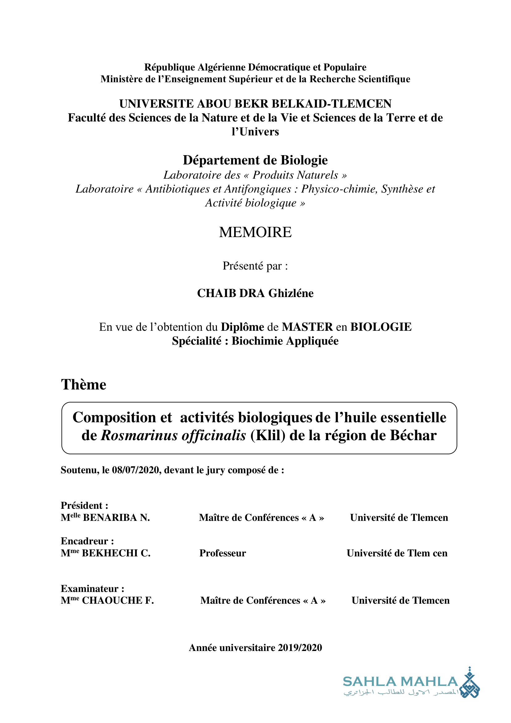 Composition et activités biologiques de l'huile essentielle de Rosmarinus officinalis (Klil) de la région de Béchar